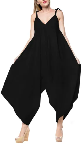 LA LEELA Rayon Solid Short Office Stretchy Jumpsuit Dress OSFM 14-16  Black_3427