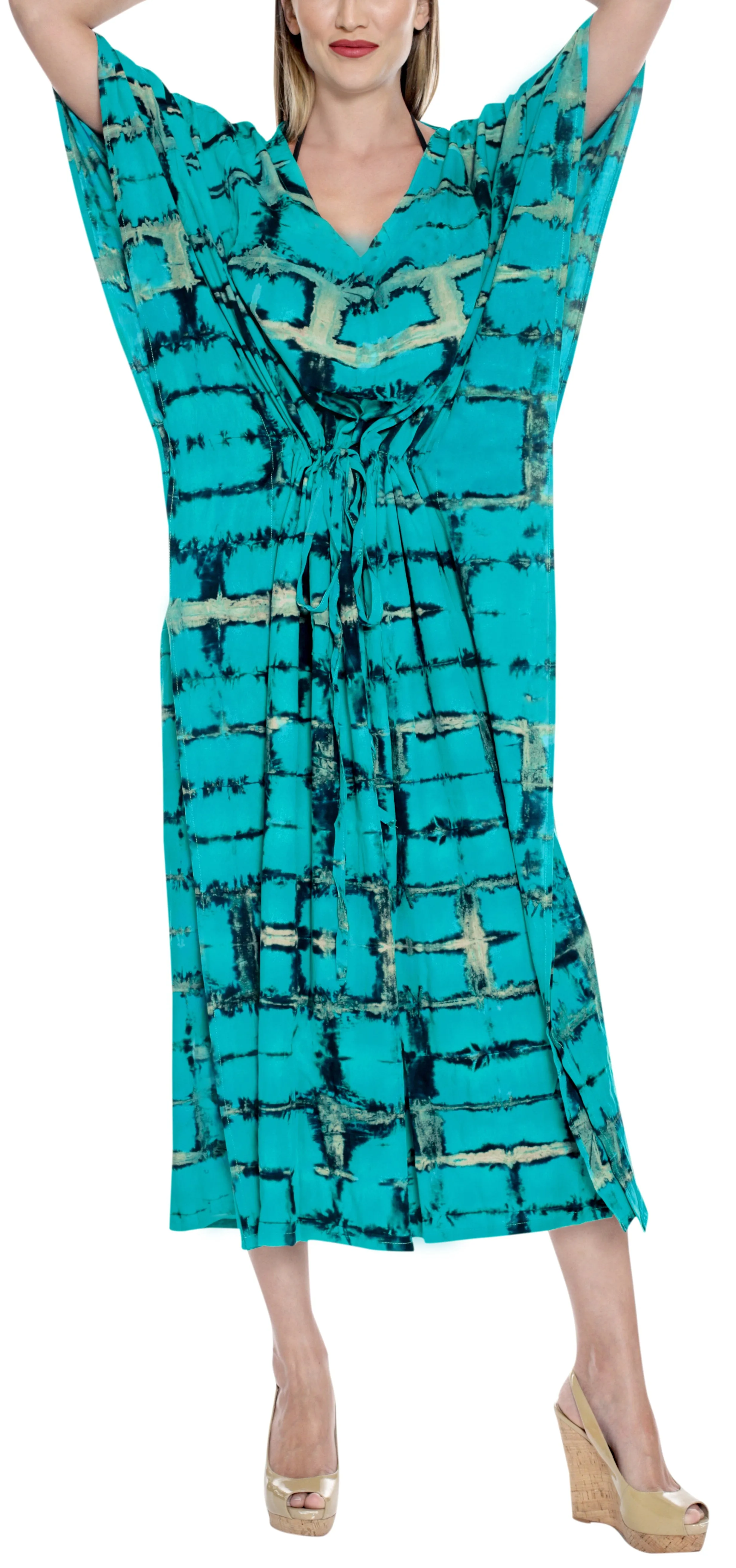 LA LEELA Rayon Tie_Dye Caftan Beach Beach Dress Sea Green_1389 OSFM 14-32W