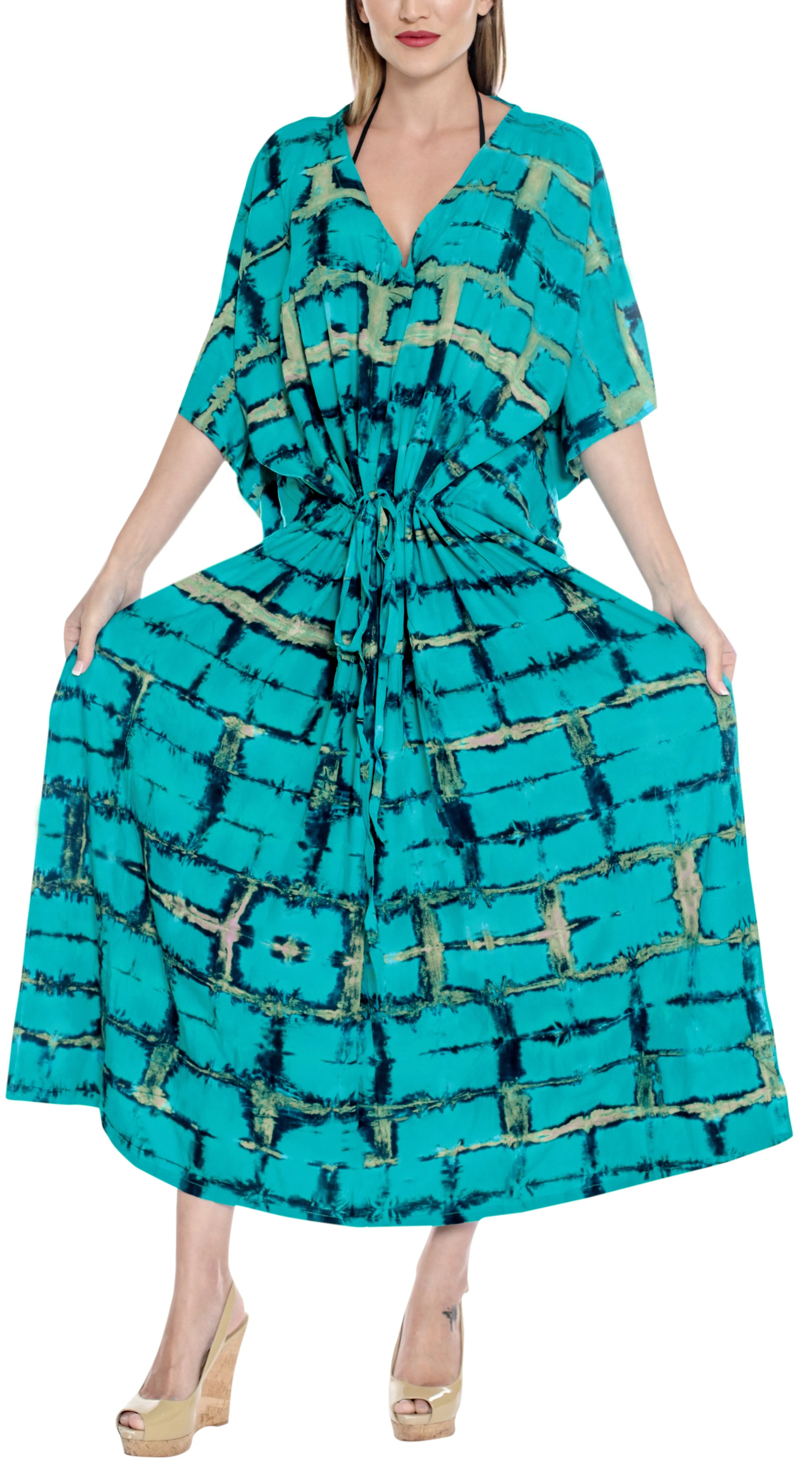 LA LEELA Rayon Tie_Dye Caftan Beach Beach Dress Sea Green_1389 OSFM 14-32W