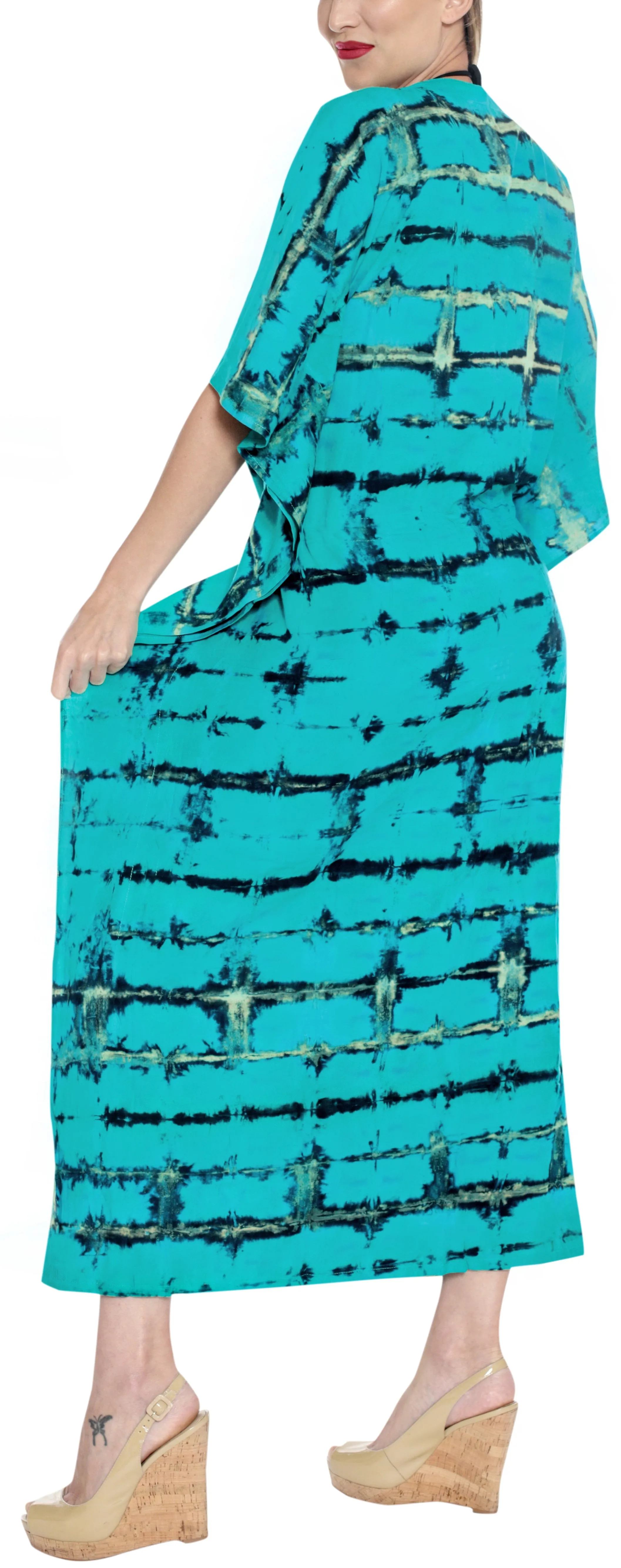 LA LEELA Rayon Tie_Dye Caftan Beach Beach Dress Sea Green_1389 OSFM 14-32W