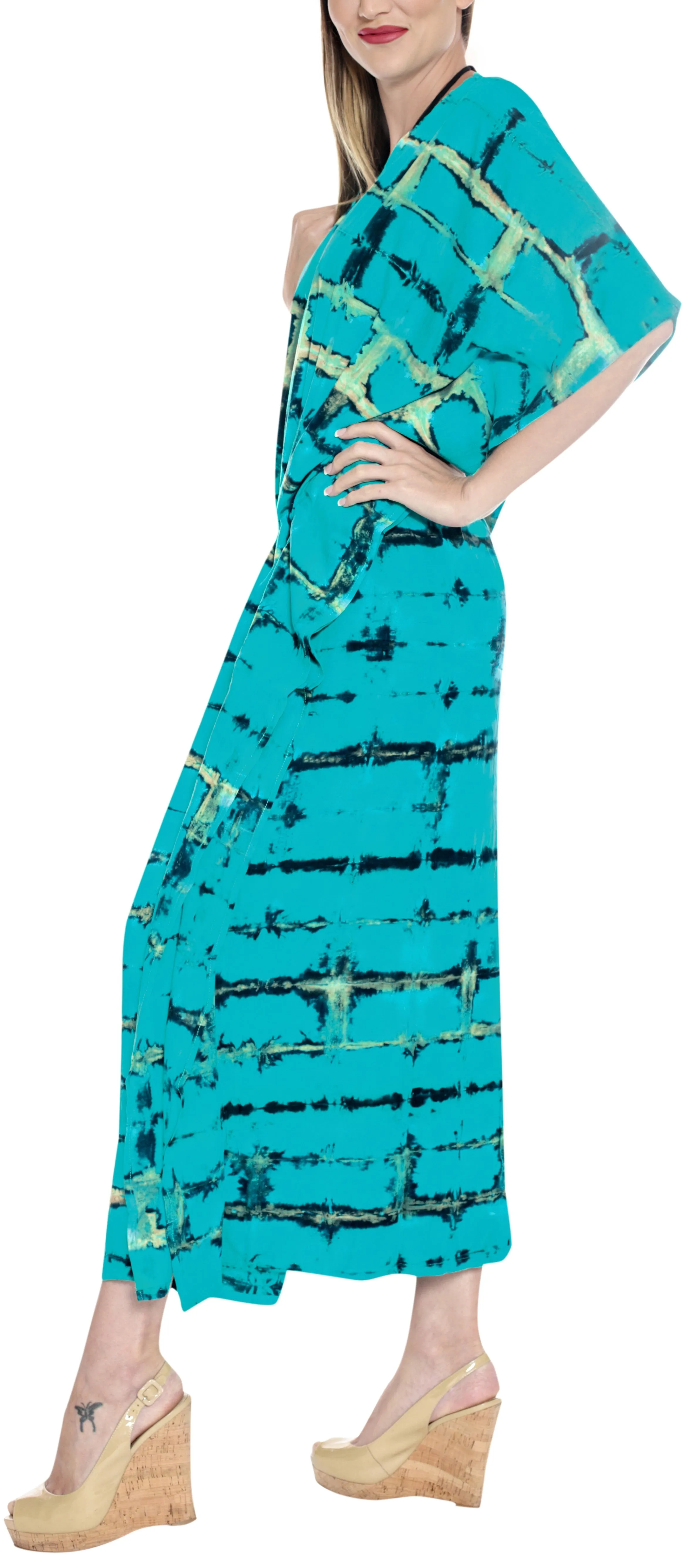 LA LEELA Rayon Tie_Dye Caftan Beach Beach Dress Sea Green_1389 OSFM 14-32W