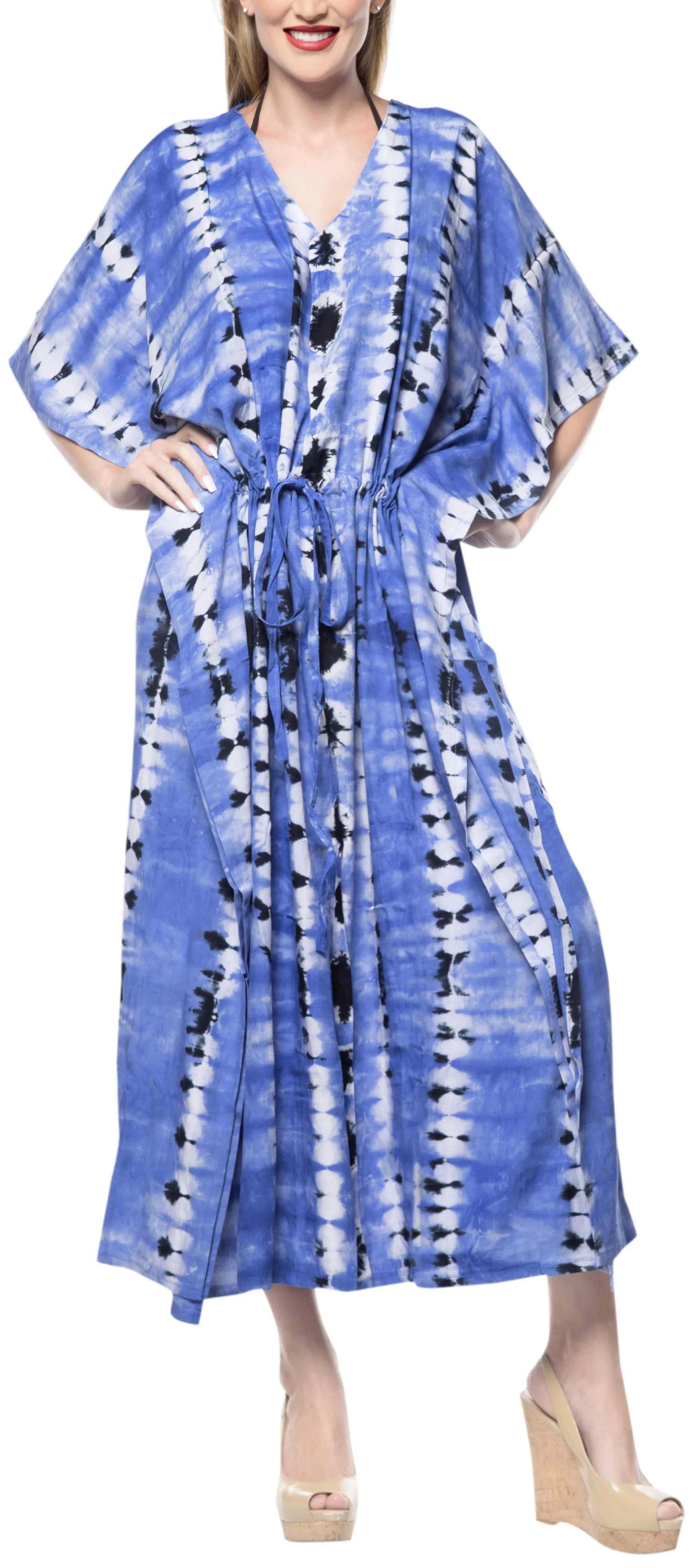 LA LEELA Rayon Tie_Dye Caftan Beach Dress Top Royal Blue_1370 OSFM 14-32W [L-5X]
