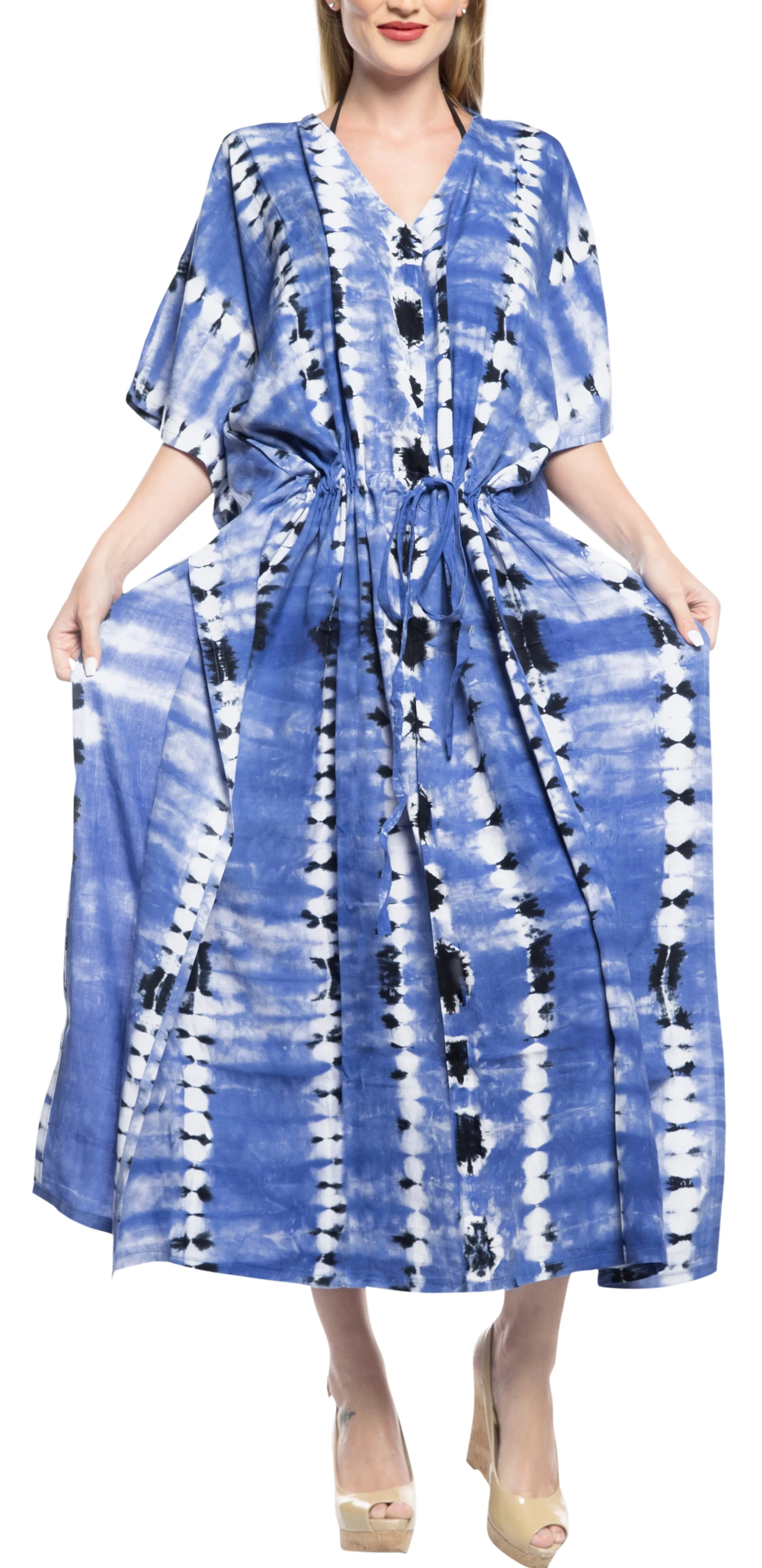 LA LEELA Rayon Tie_Dye Caftan Beach Dress Top Royal Blue_1370 OSFM 14-32W [L-5X]