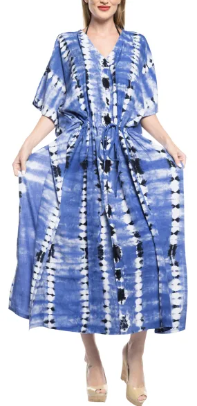 LA LEELA Rayon Tie_Dye Caftan Beach Dress Top Royal Blue_1370 OSFM 14-32W [L-5X]