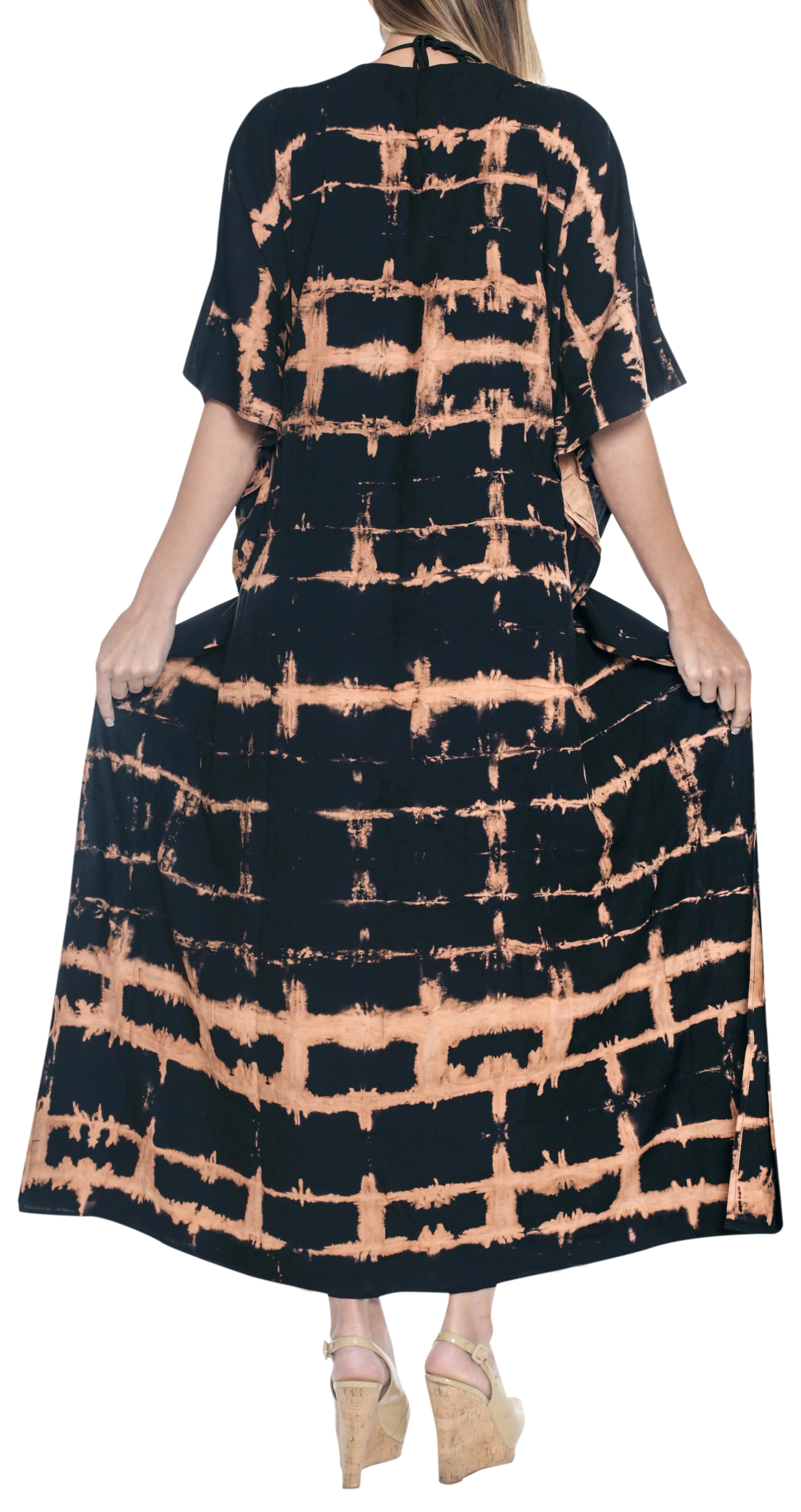 LA LEELA Rayon Tie_Dye Caftan Beach dress Vacation Top Black_1387 OSFM 14-32W