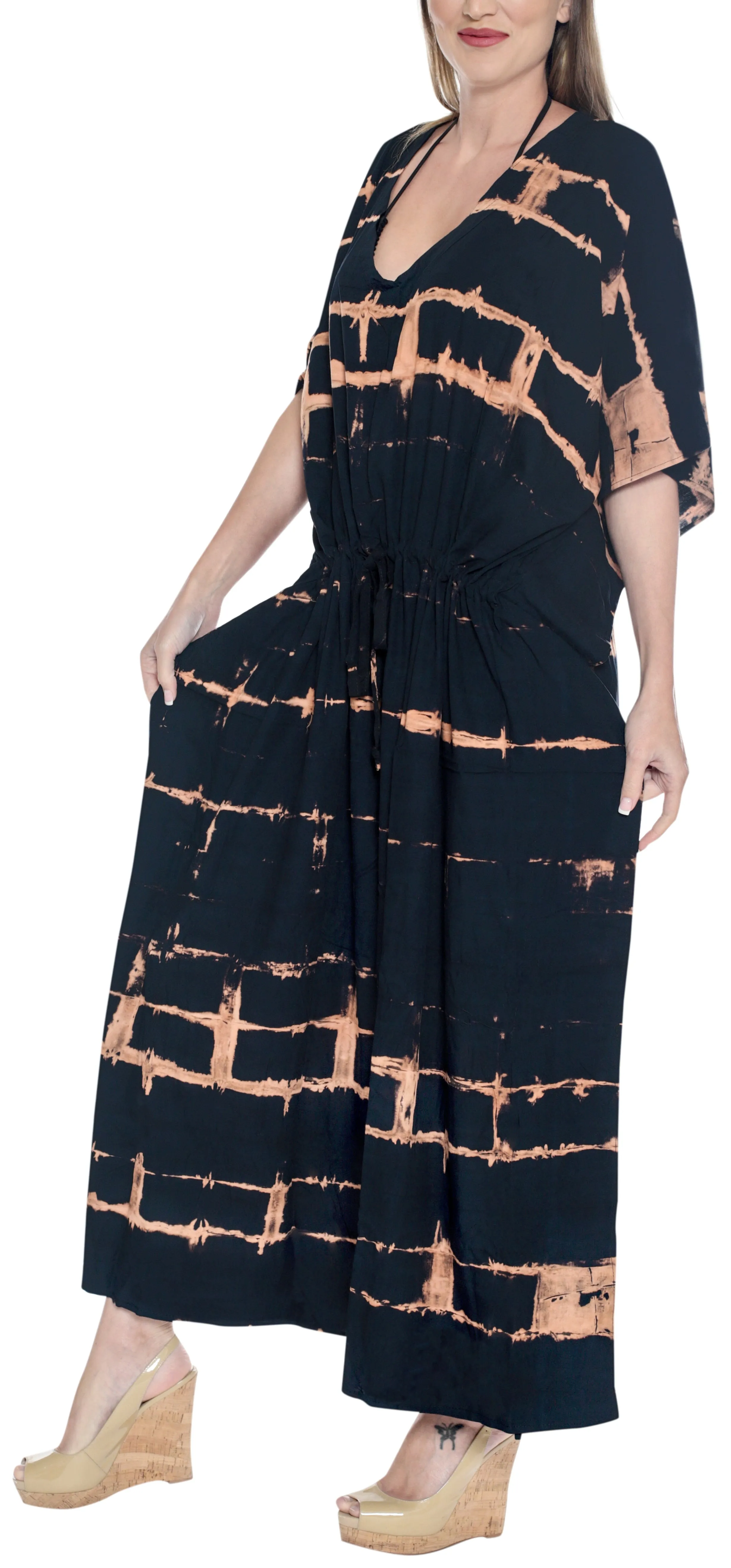 LA LEELA Rayon Tie_Dye Caftan Beach dress Vacation Top Black_1387 OSFM 14-32W