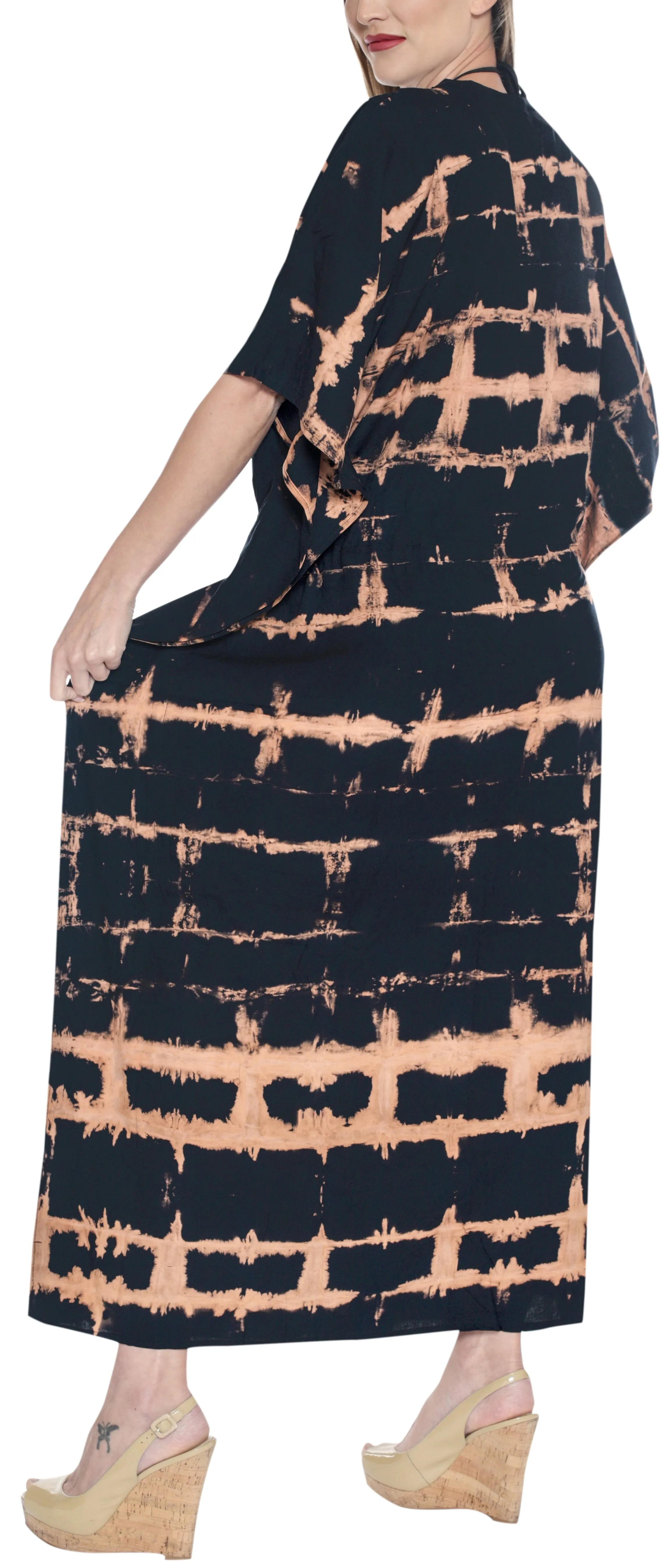 LA LEELA Rayon Tie_Dye Caftan Beach dress Vacation Top Black_1387 OSFM 14-32W