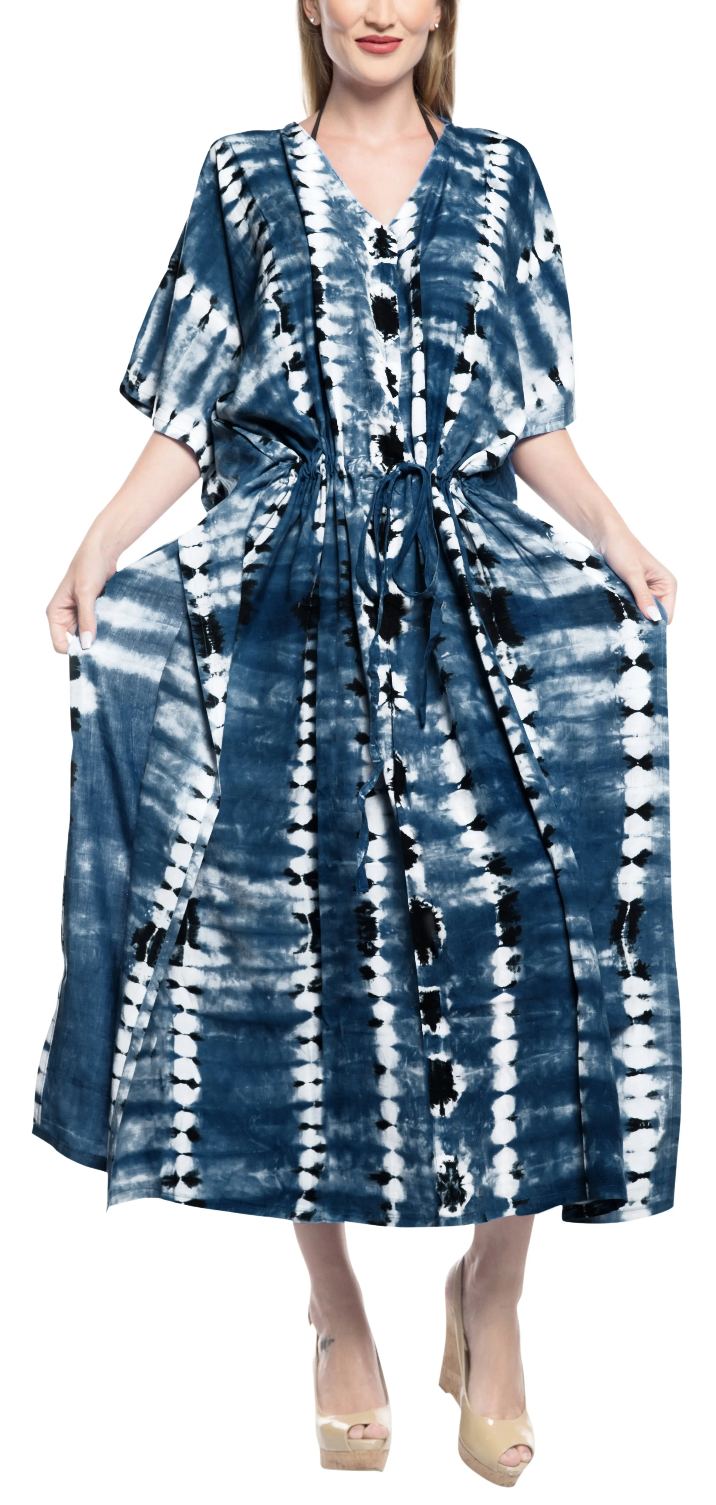 LA LEELA Rayon Tie_Dye Caftan Beach Dress Women Blue_1368 OSFM 14-32W