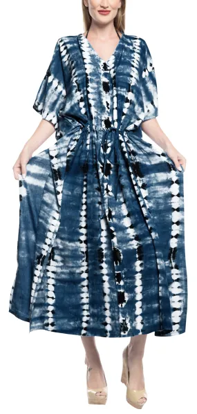 LA LEELA Rayon Tie_Dye Caftan Beach Dress Women Blue_1368 OSFM 14-32W