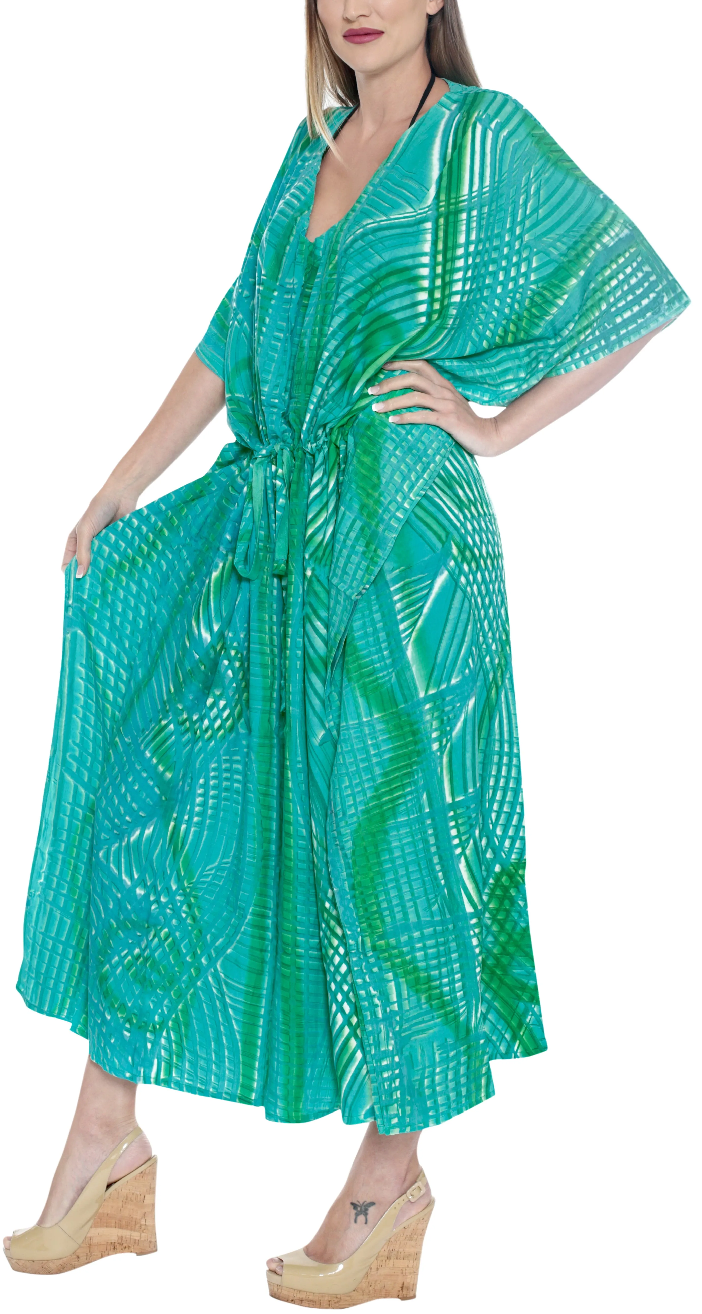 LA LEELA Rayon Tie_Dye Caftan Beach dress Women's Sea Green_1378 OSFM 14-32W