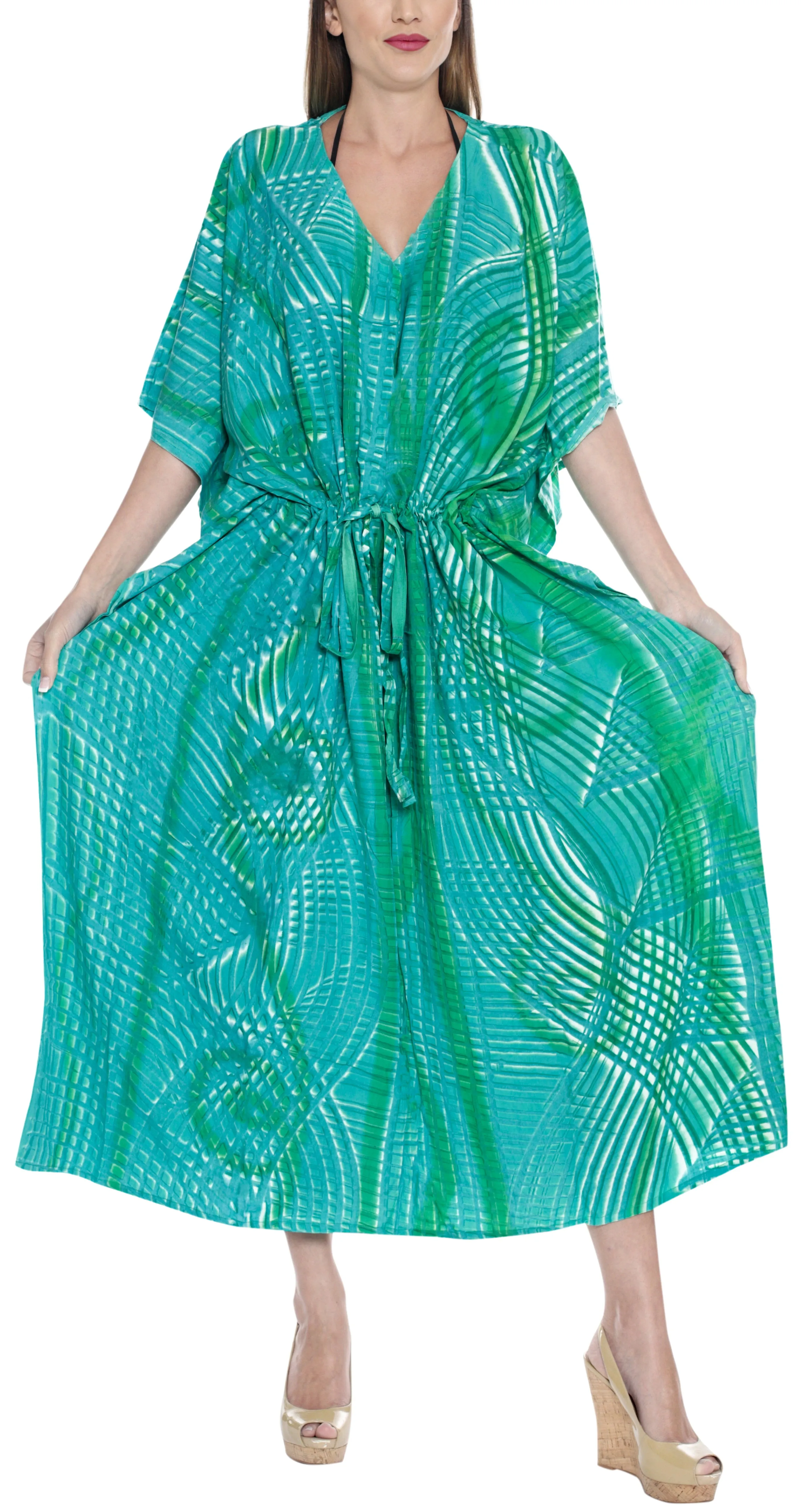 LA LEELA Rayon Tie_Dye Caftan Beach dress Women's Sea Green_1378 OSFM 14-32W