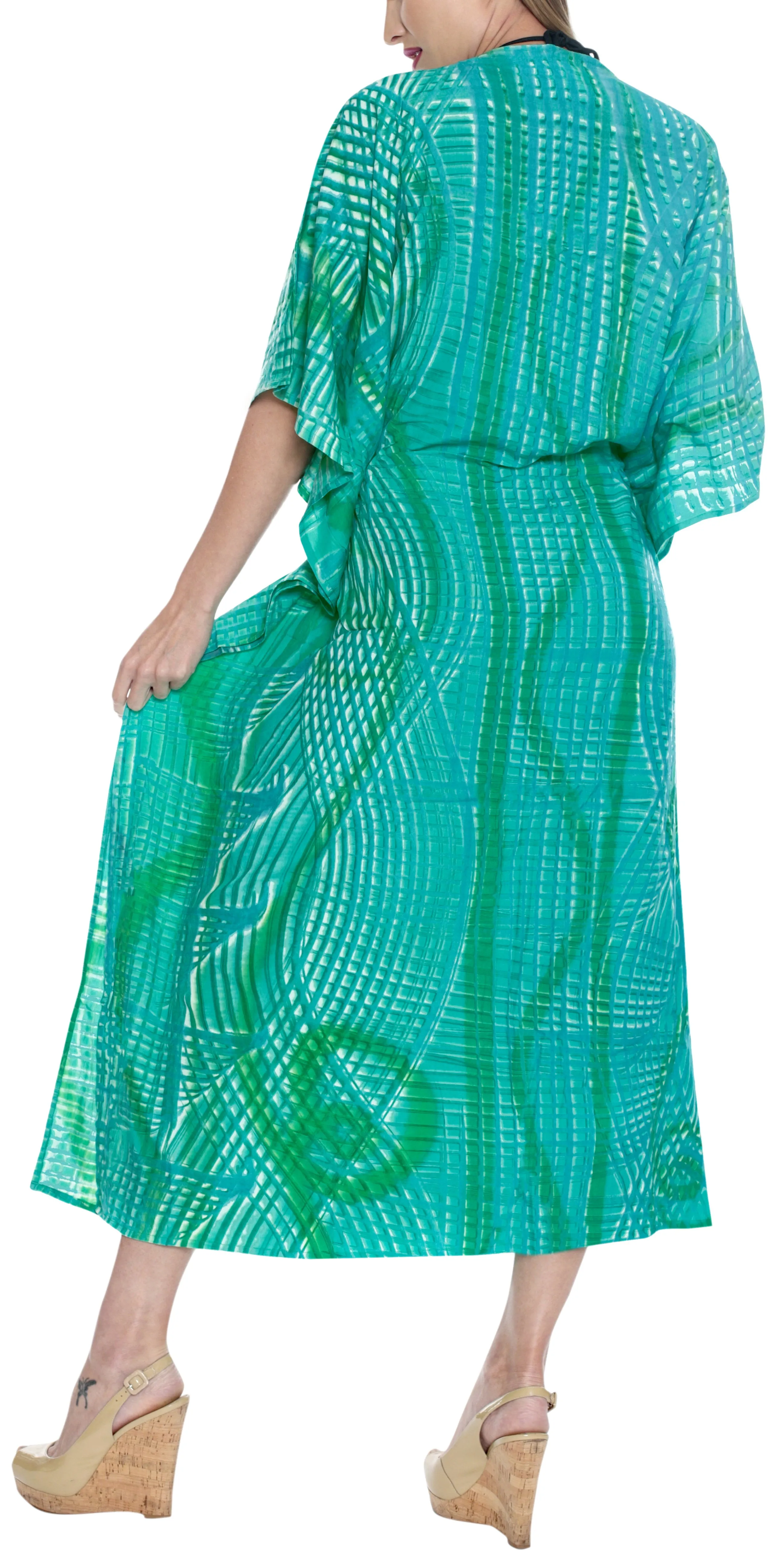 LA LEELA Rayon Tie_Dye Caftan Beach dress Women's Sea Green_1378 OSFM 14-32W