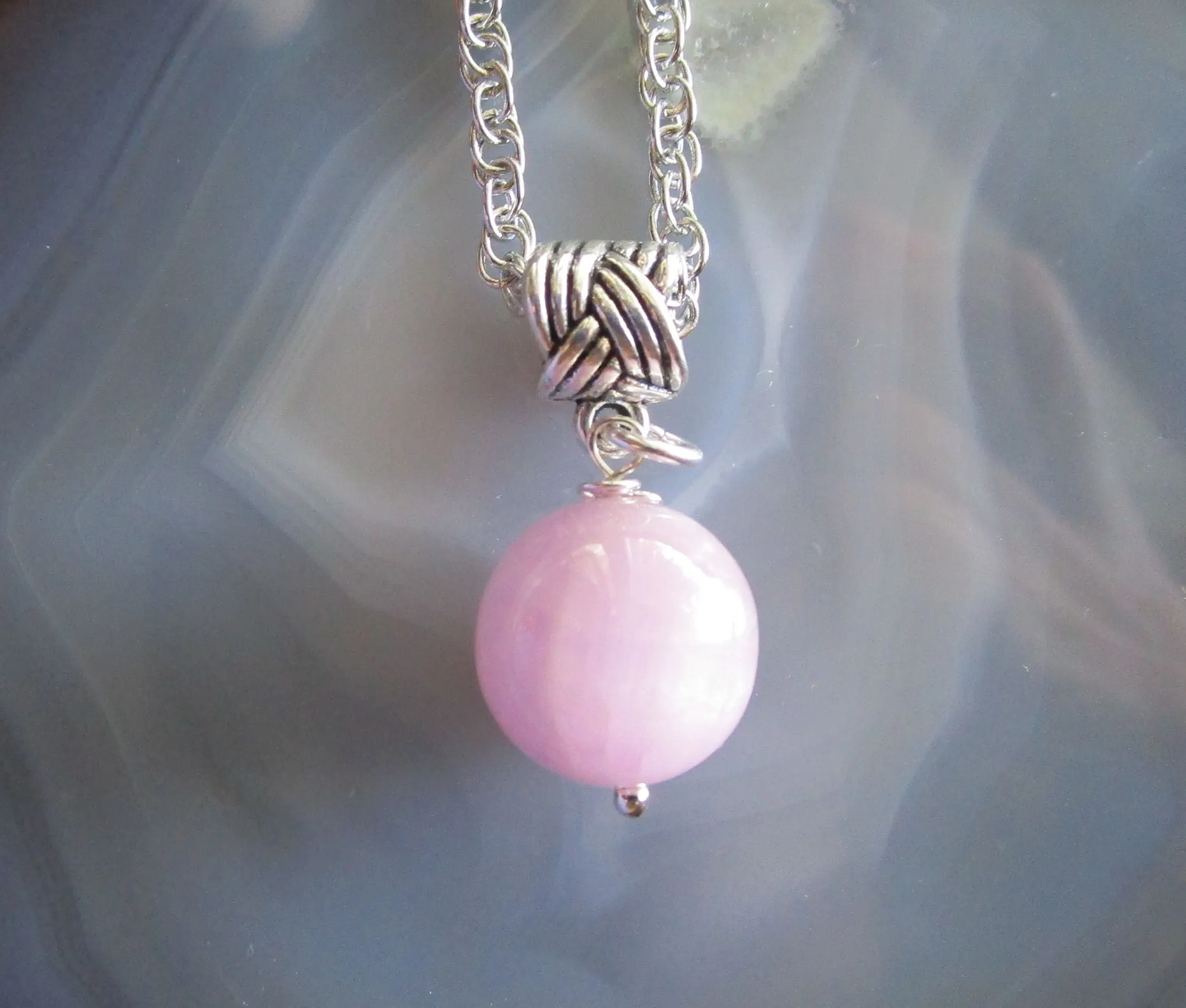 Lilac Pink Kunzite Crystal Ball Celtic Knot Pendant Necklace