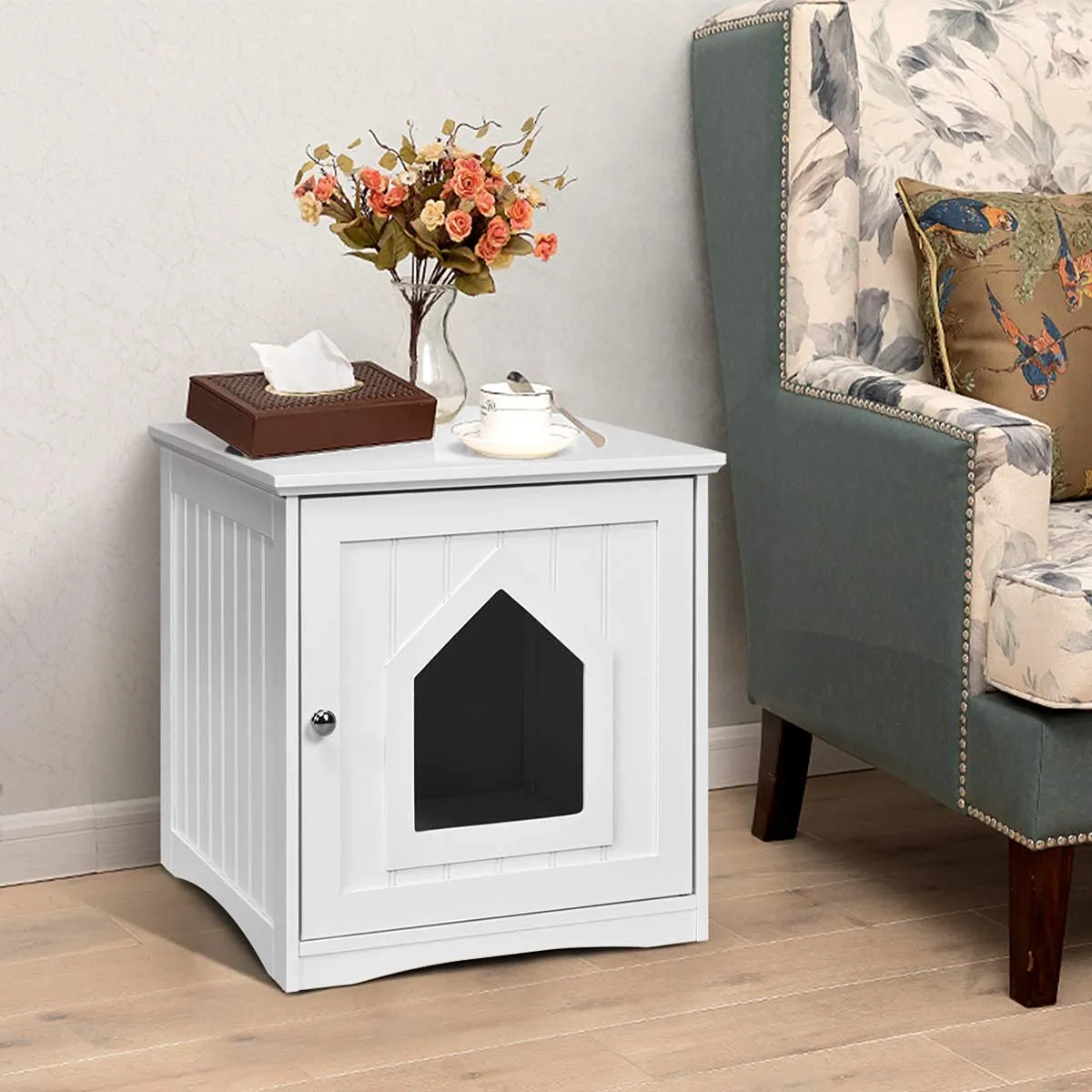 Litter Box Enclosure, Cat Litter Box Furniture Hidden, Nightstand Pet House with Magnetic Door