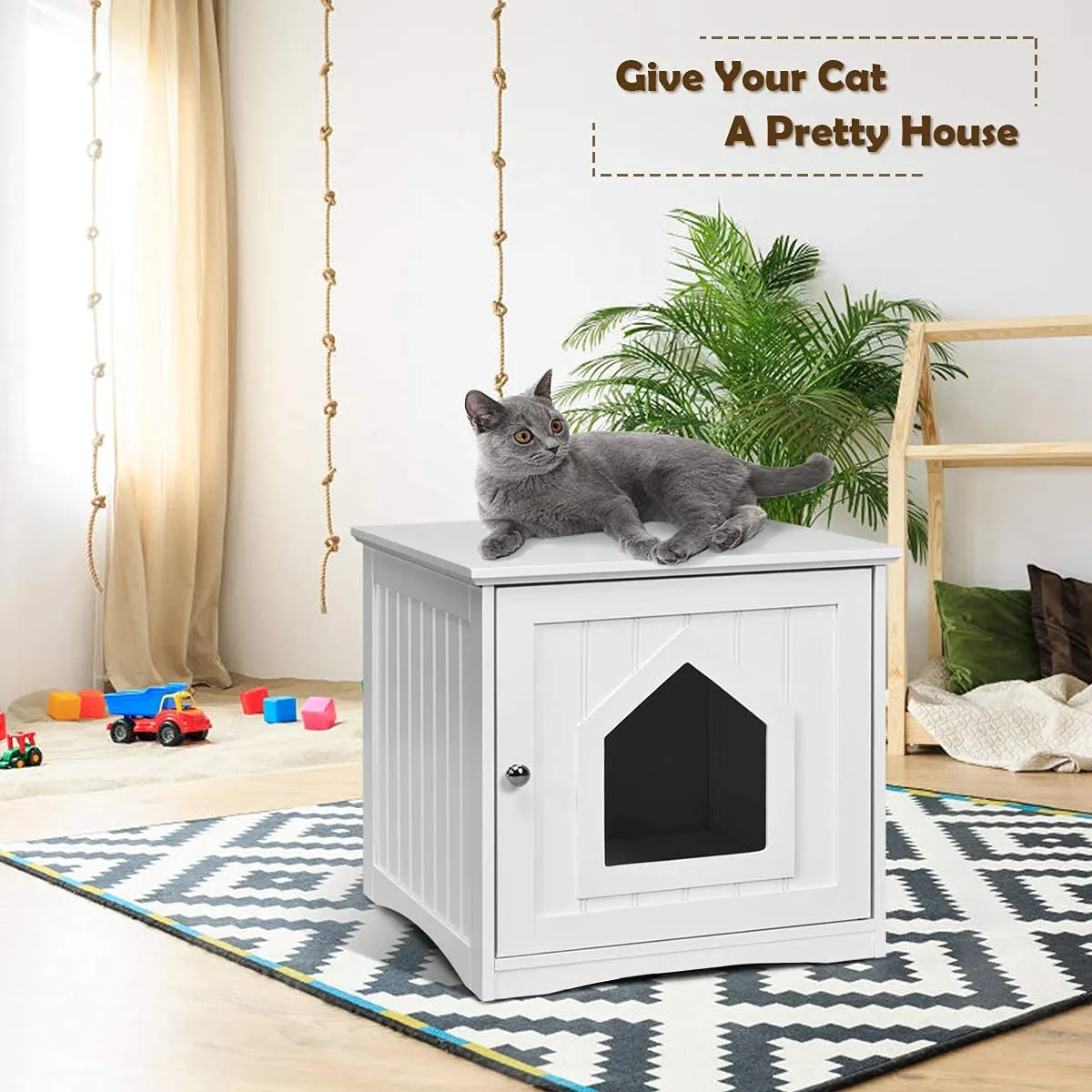 Litter Box Enclosure, Cat Litter Box Furniture Hidden, Nightstand Pet House with Magnetic Door
