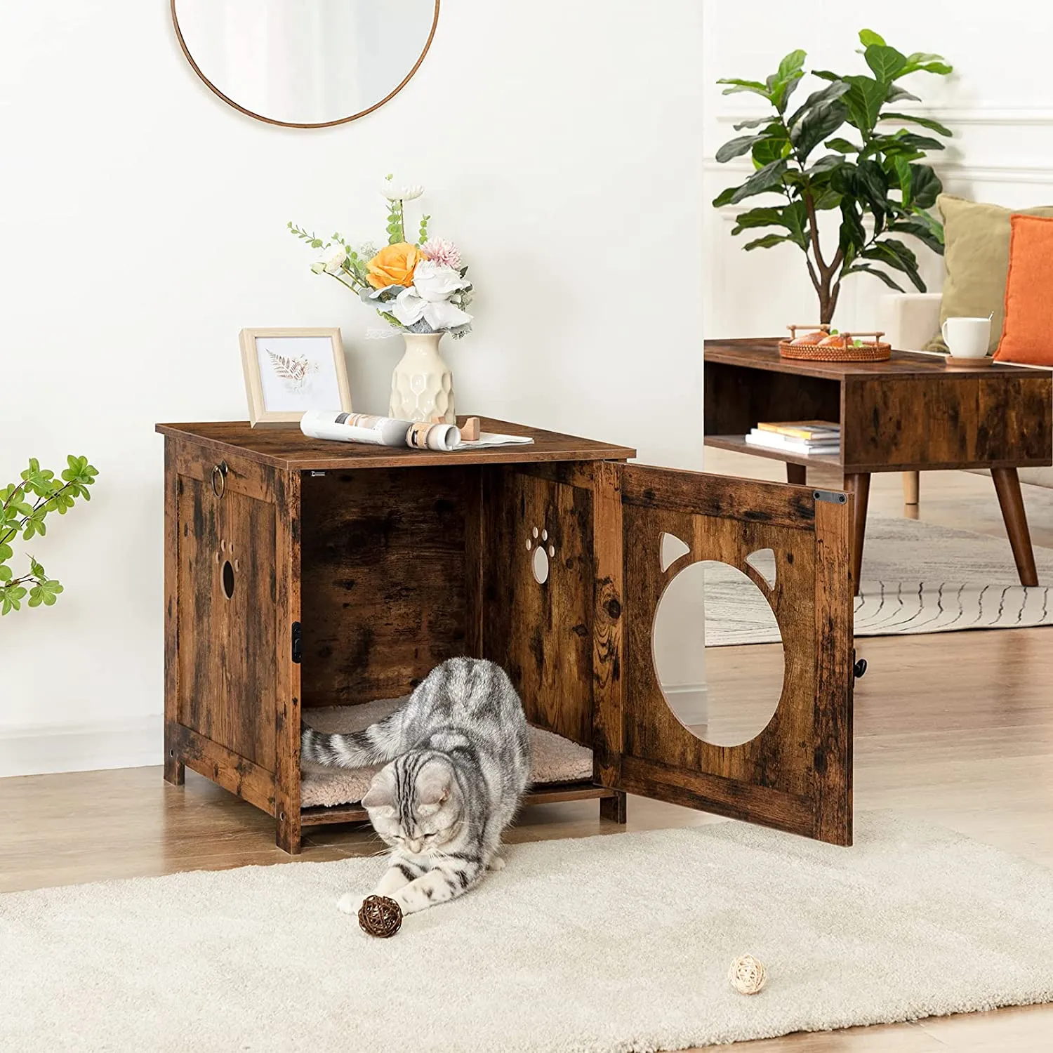 Litter Box Enclosure, Wooden Side End Table, Cat Litter Box Furniture, Concealed Cat Washroom, Indoor Pet House