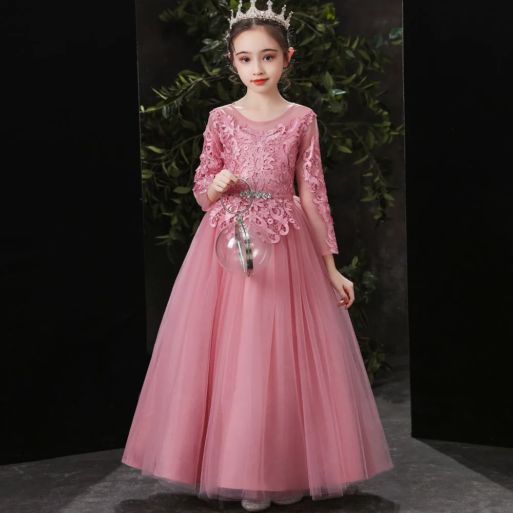 LS6088 2 to 10 Years Elagant Birthday Long -sleeved Girl Dress Princess Skirt Girl Lace Dress fit for 3 to 10 Years Old Kids