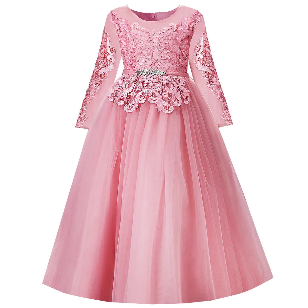 LS6088 2 to 10 Years Elagant Birthday Long -sleeved Girl Dress Princess Skirt Girl Lace Dress fit for 3 to 10 Years Old Kids
