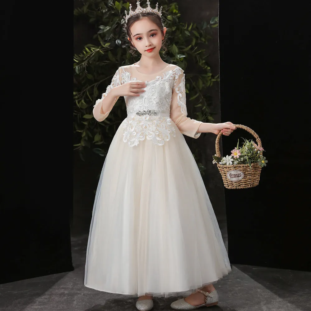 LS6088 2 to 10 Years Elagant Birthday Long -sleeved Girl Dress Princess Skirt Girl Lace Dress fit for 3 to 10 Years Old Kids