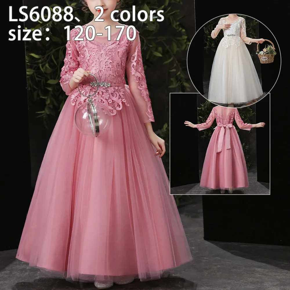 LS6088 2 to 10 Years Elagant Birthday Long -sleeved Girl Dress Princess Skirt Girl Lace Dress fit for 3 to 10 Years Old Kids