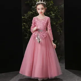 LS6088 2 to 10 Years Elagant Birthday Long -sleeved Girl Dress Princess Skirt Girl Lace Dress fit for 3 to 10 Years Old Kids