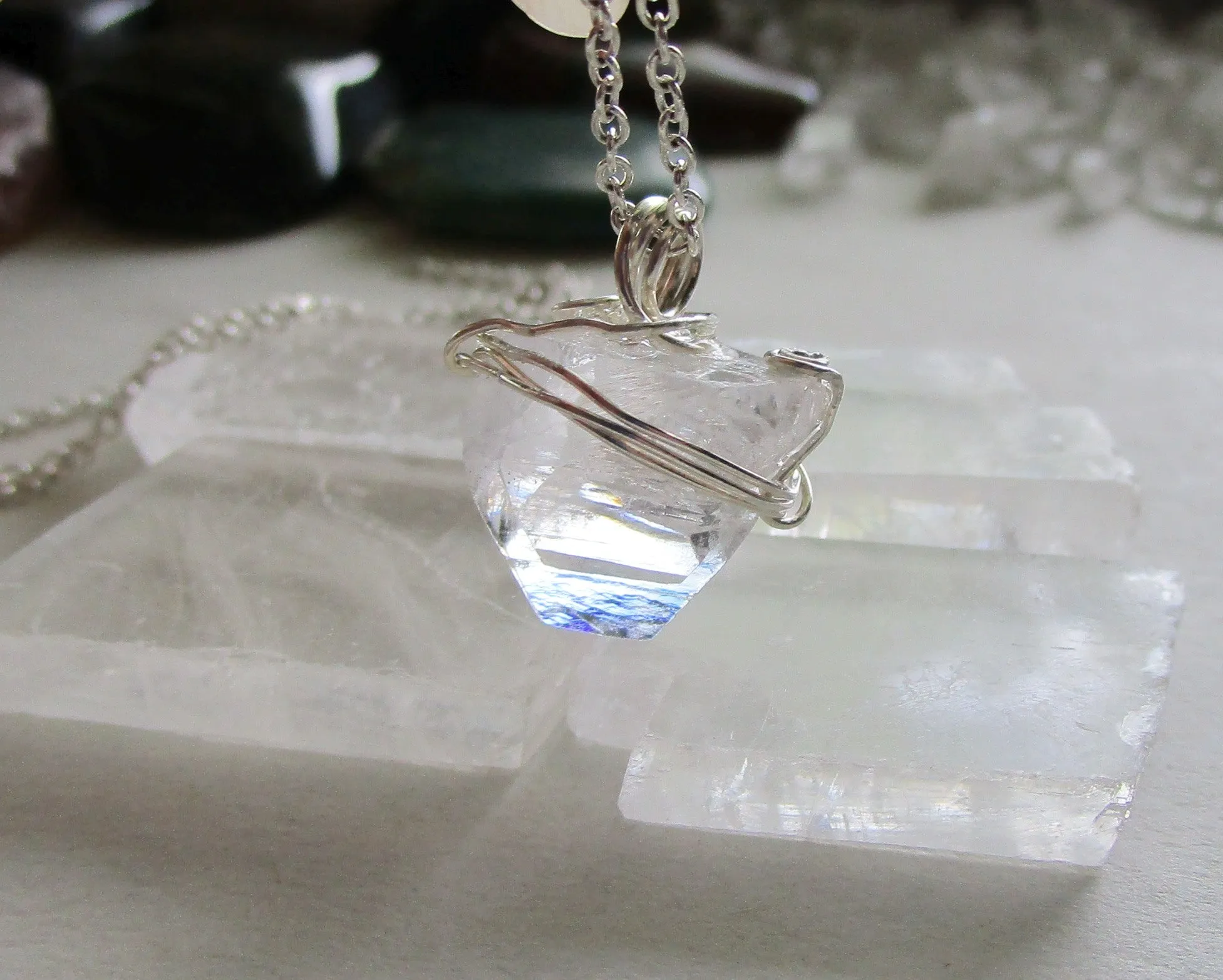 Natural Clear Apophllite Pyramid Pendant Necklace