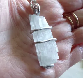 Natural Kunzite Gemstone Wire Wrapped Crystal Pendant Necklace