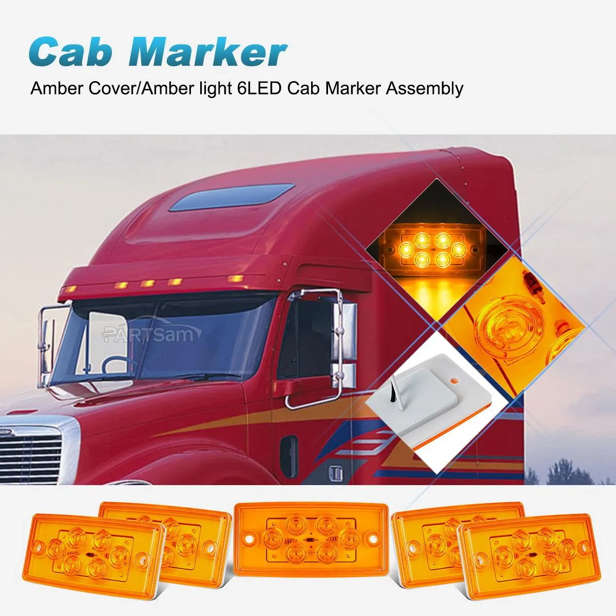 Partsam Truck Cab Light 6LED Amber Top Roof Running Cab Marker Light 5pcs Waterproof Compatible with /Freightliner Heavy Duty Trailer Trucks