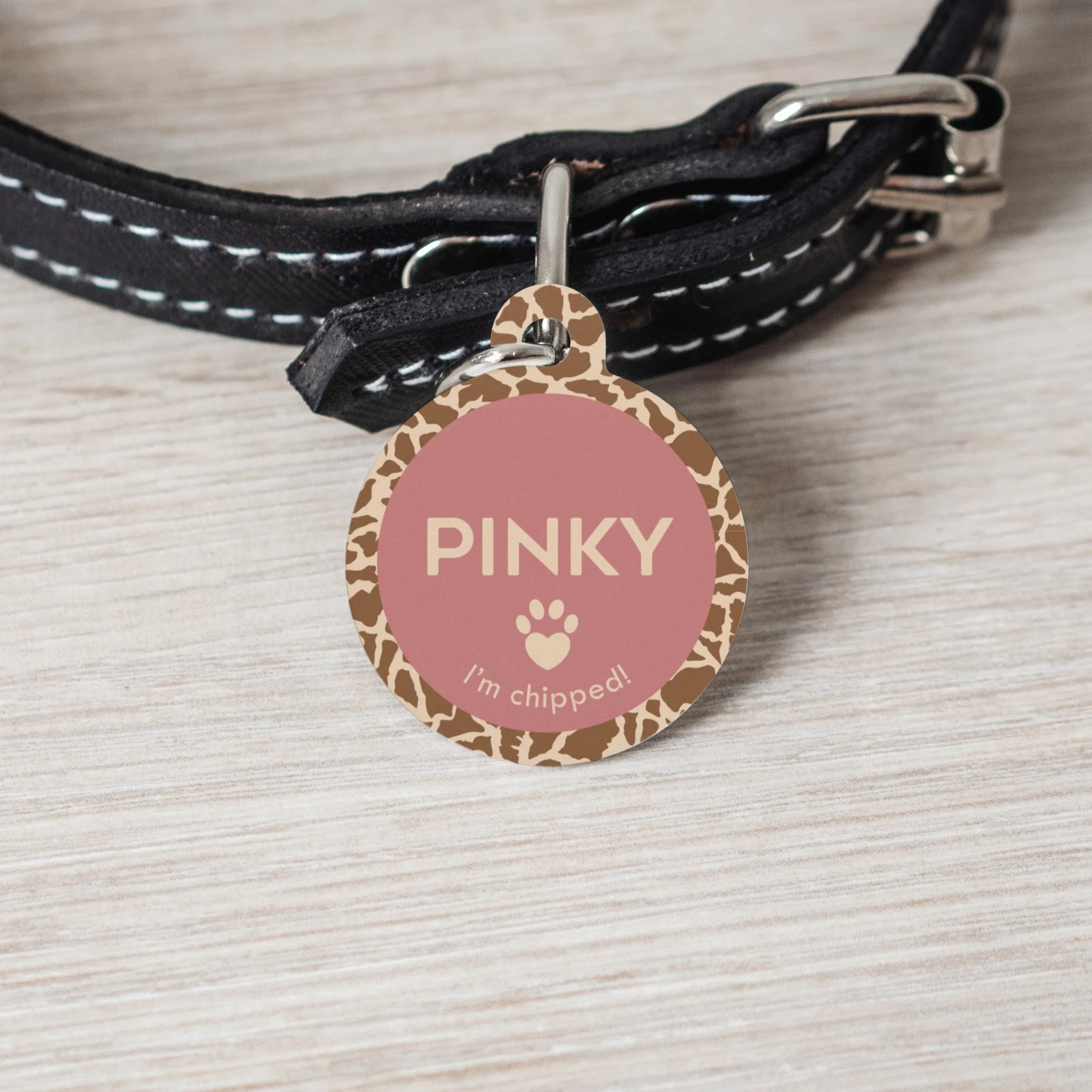 Personalised Giraffe Print Round Pet Name ID Tag