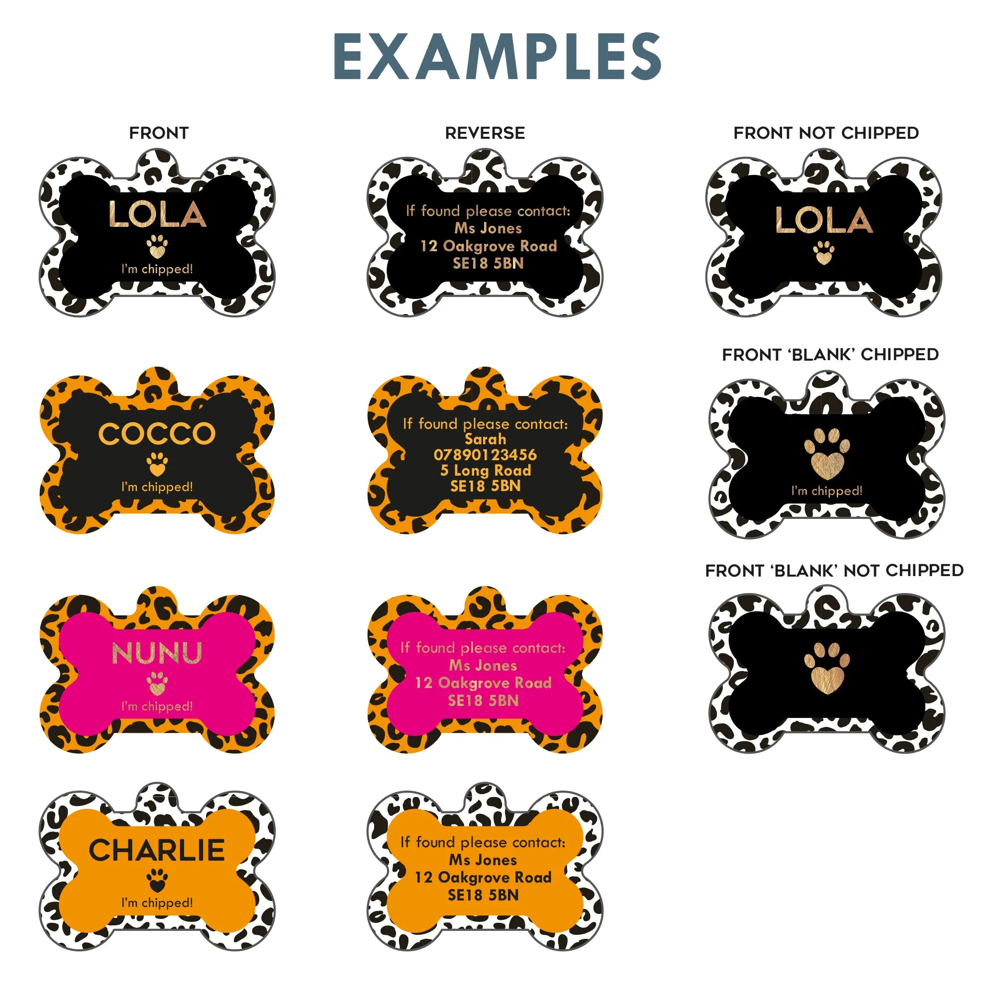 Personalised Leopard Print Doggy Bone Pet Name ID Tag