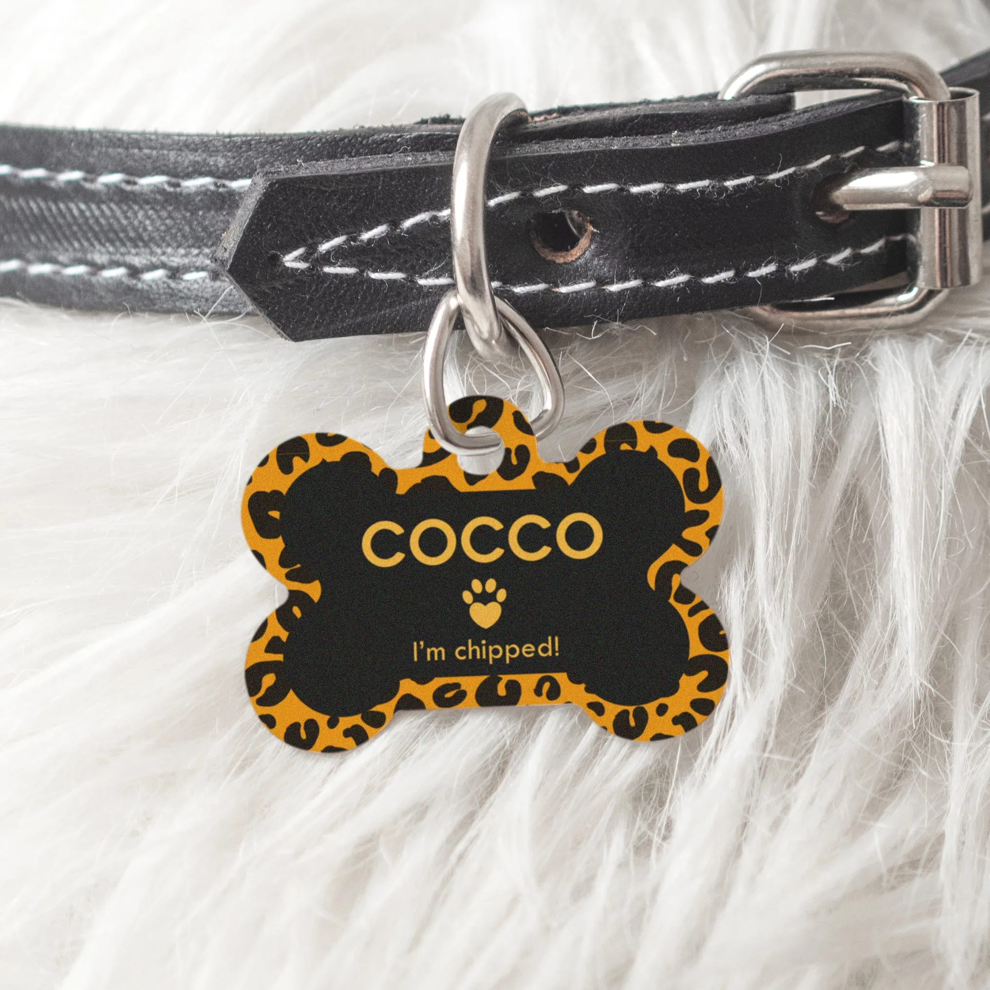 Personalised Leopard Print Doggy Bone Pet Name ID Tag