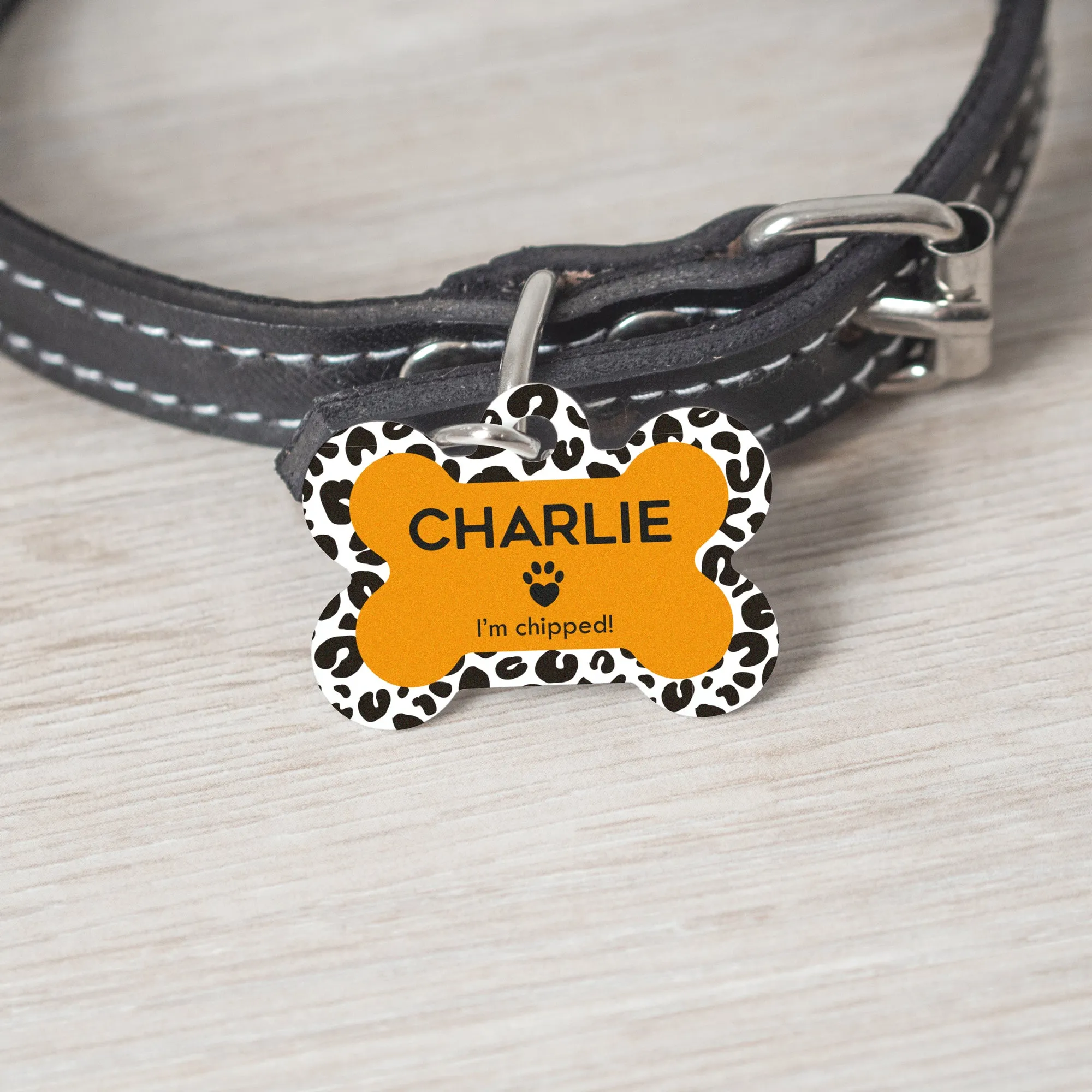 Personalised Leopard Print Doggy Bone Pet Name ID Tag