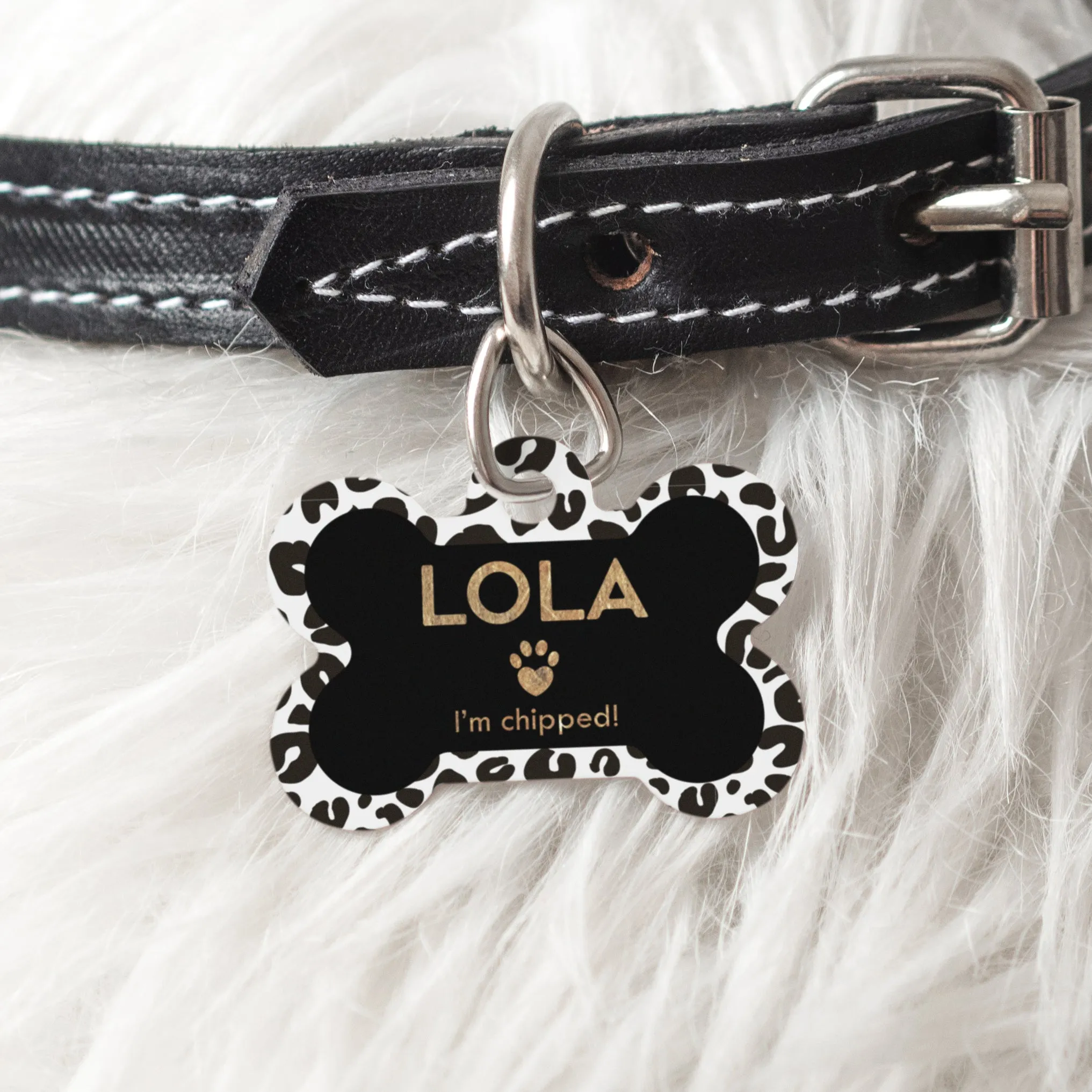 Personalised Leopard Print Doggy Bone Pet Name ID Tag