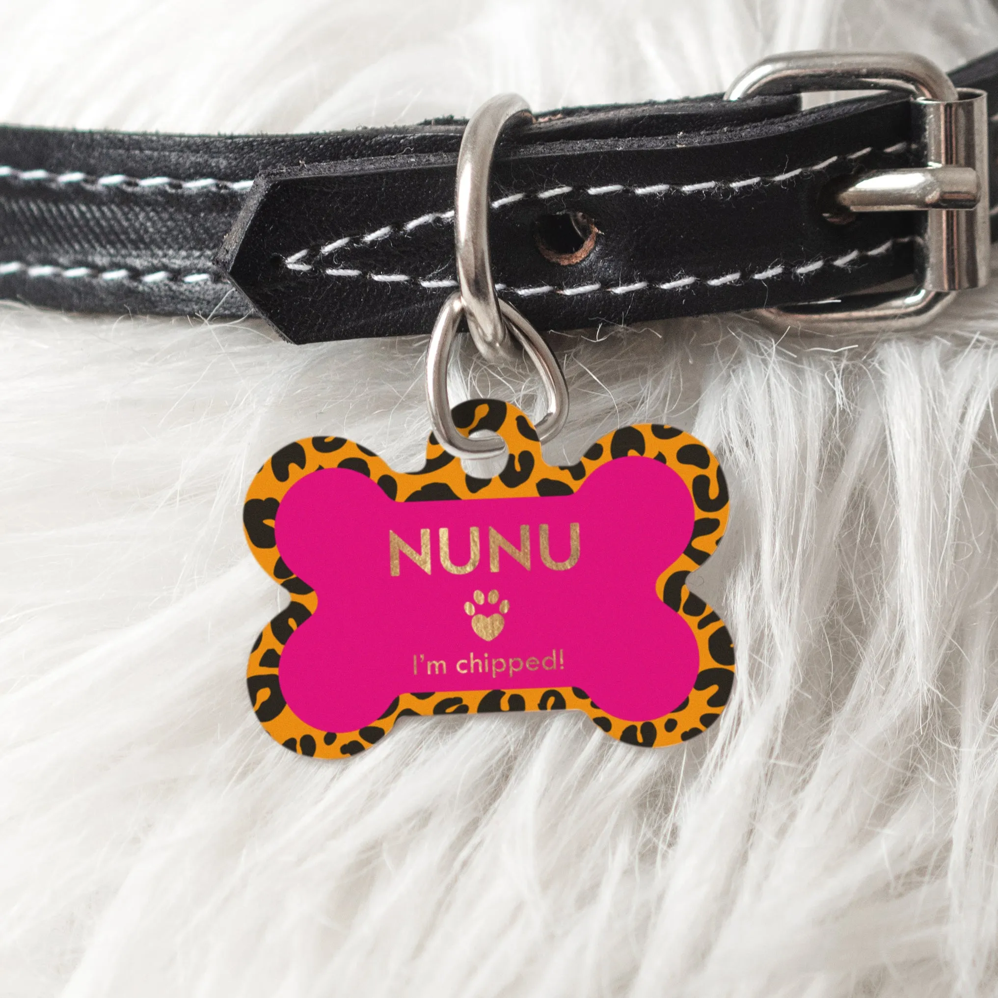 Personalised Leopard Print Doggy Bone Pet Name ID Tag