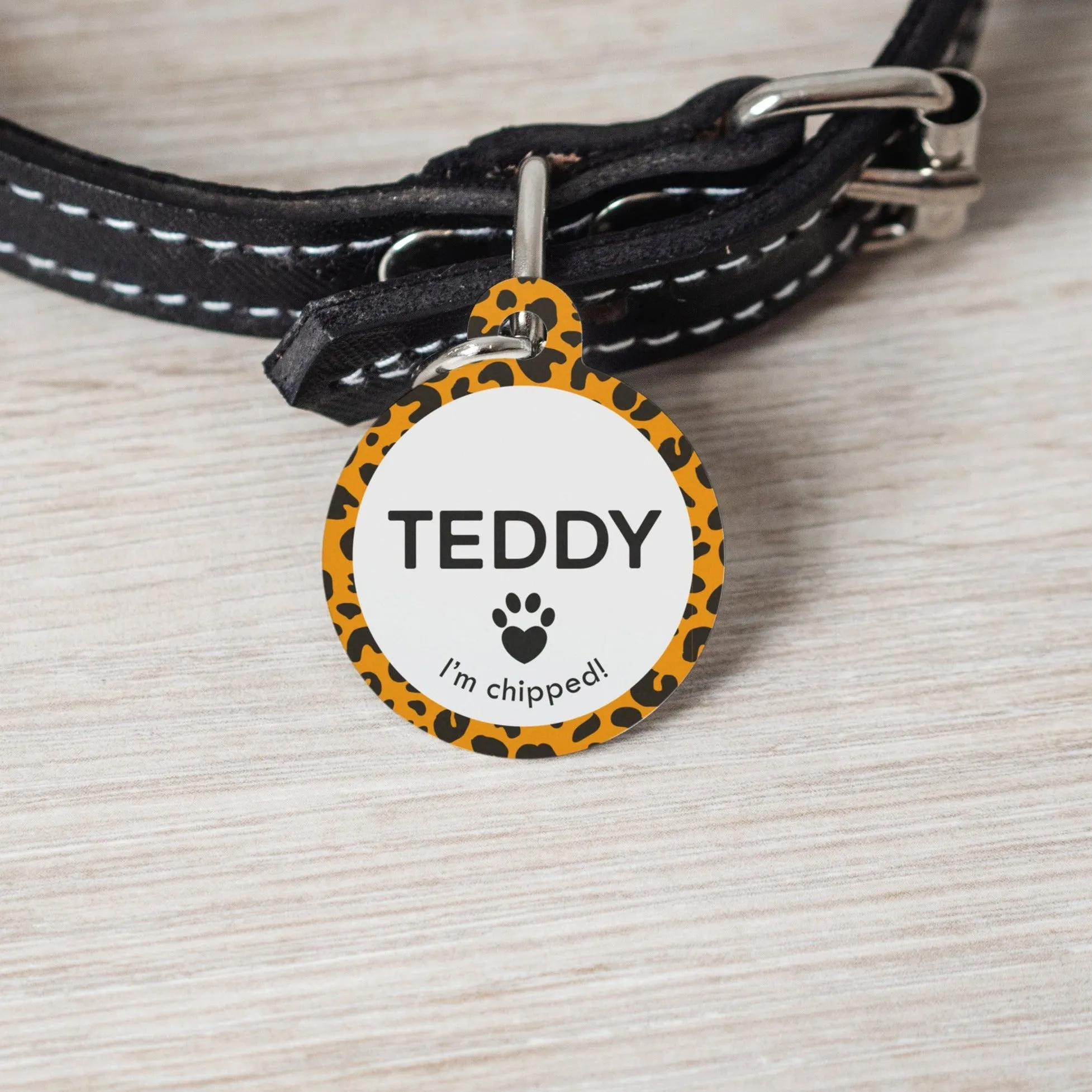 Personalised Leopard Print Round Pet Name ID Tag