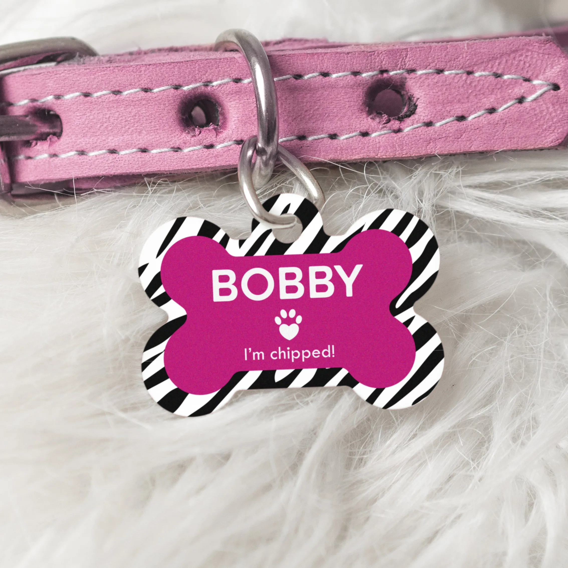Personalised Zebra Print Doggy Bone Pet Name ID Tag