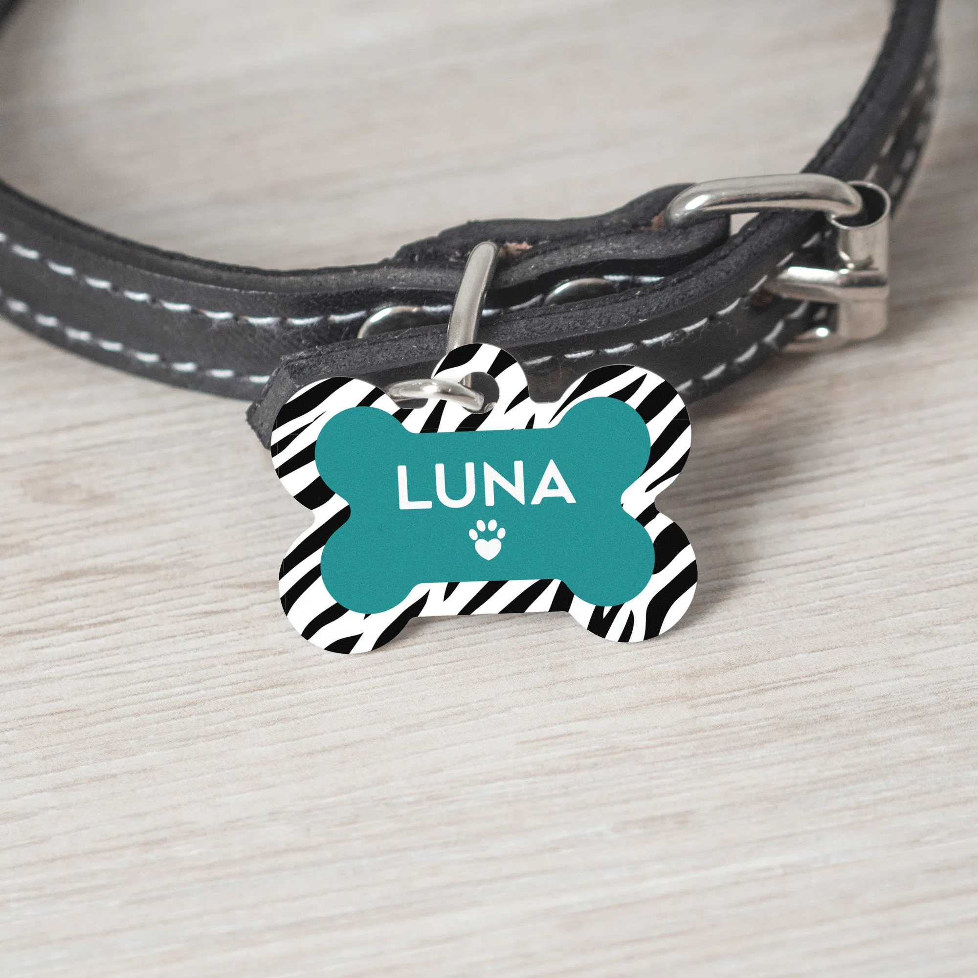 Personalised Zebra Print Doggy Bone Pet Name ID Tag