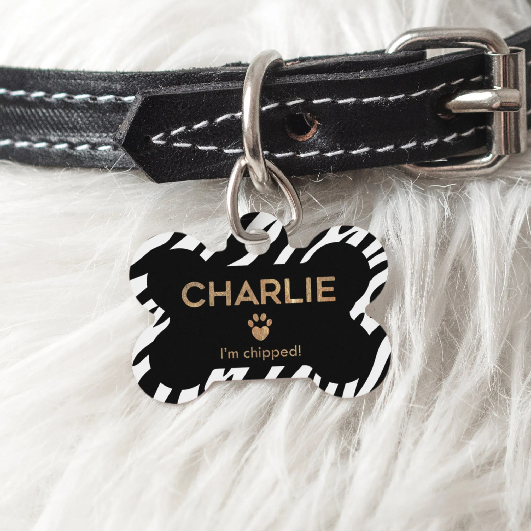 Personalised Zebra Print Doggy Bone Pet Name ID Tag
