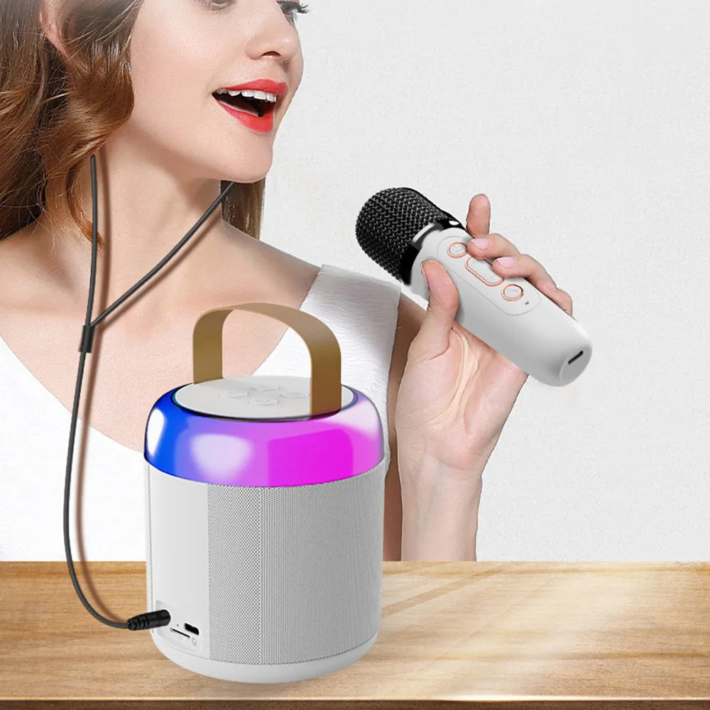 Portable Singing Machine Bluetooth Mini Karaoke Speaker with 2 Wireless Microphones White