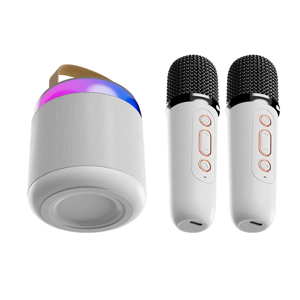 Portable Singing Machine Bluetooth Mini Karaoke Speaker with 2 Wireless Microphones White