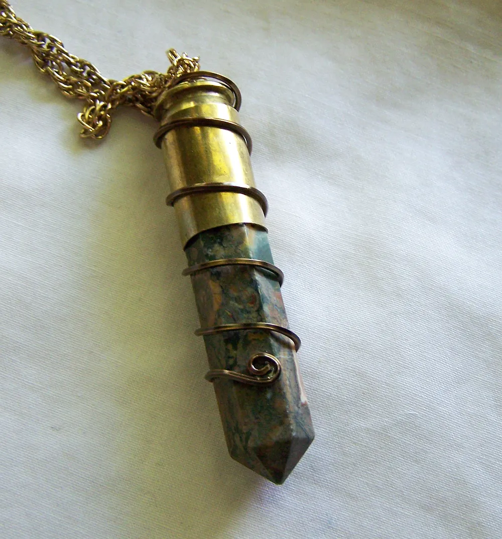 Rainforest Jasper Wire Wrapped Bullet Jewelry Pendant