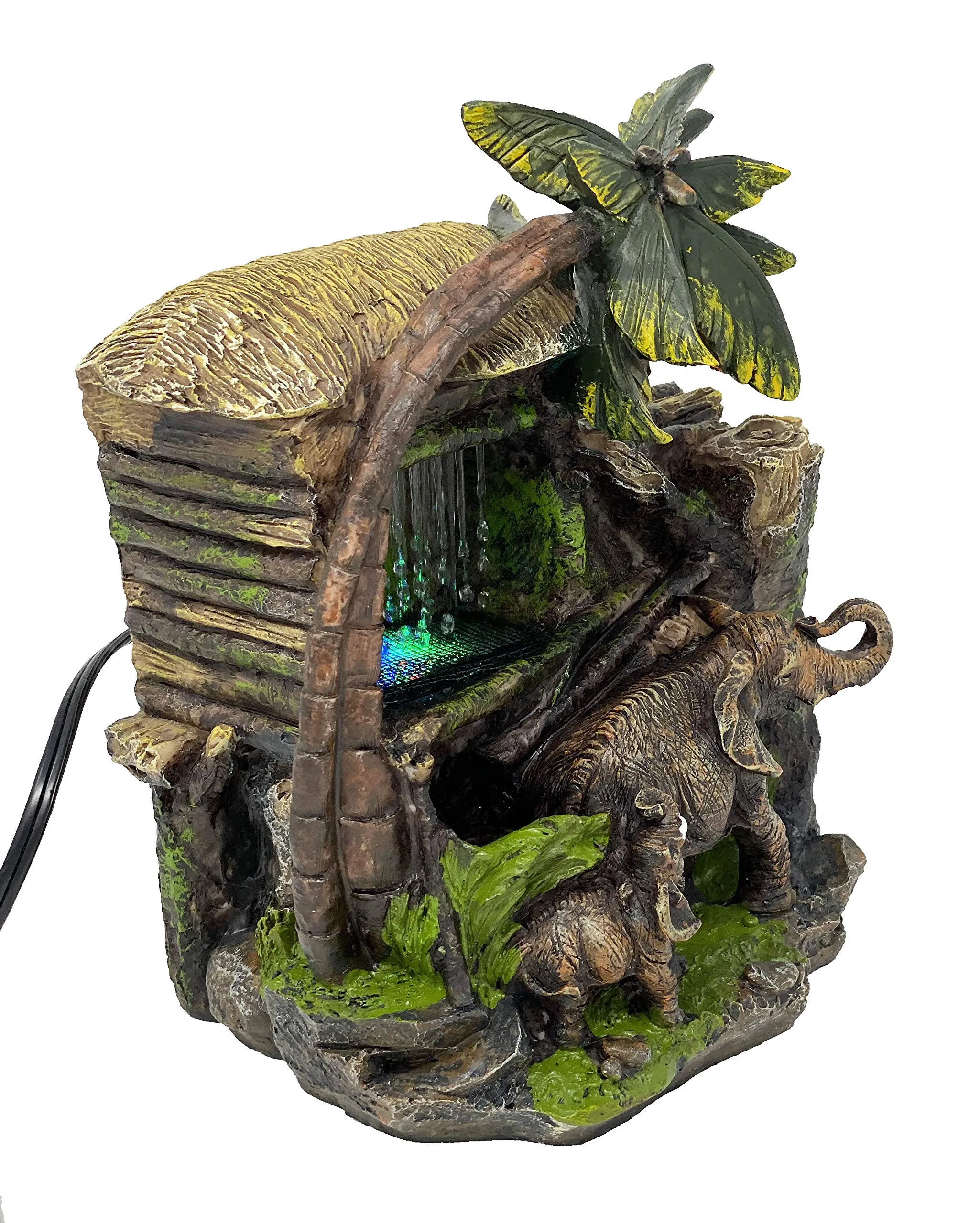 Tabletop Water Fountain Elephants Near Palm Tree and Tiki Hut