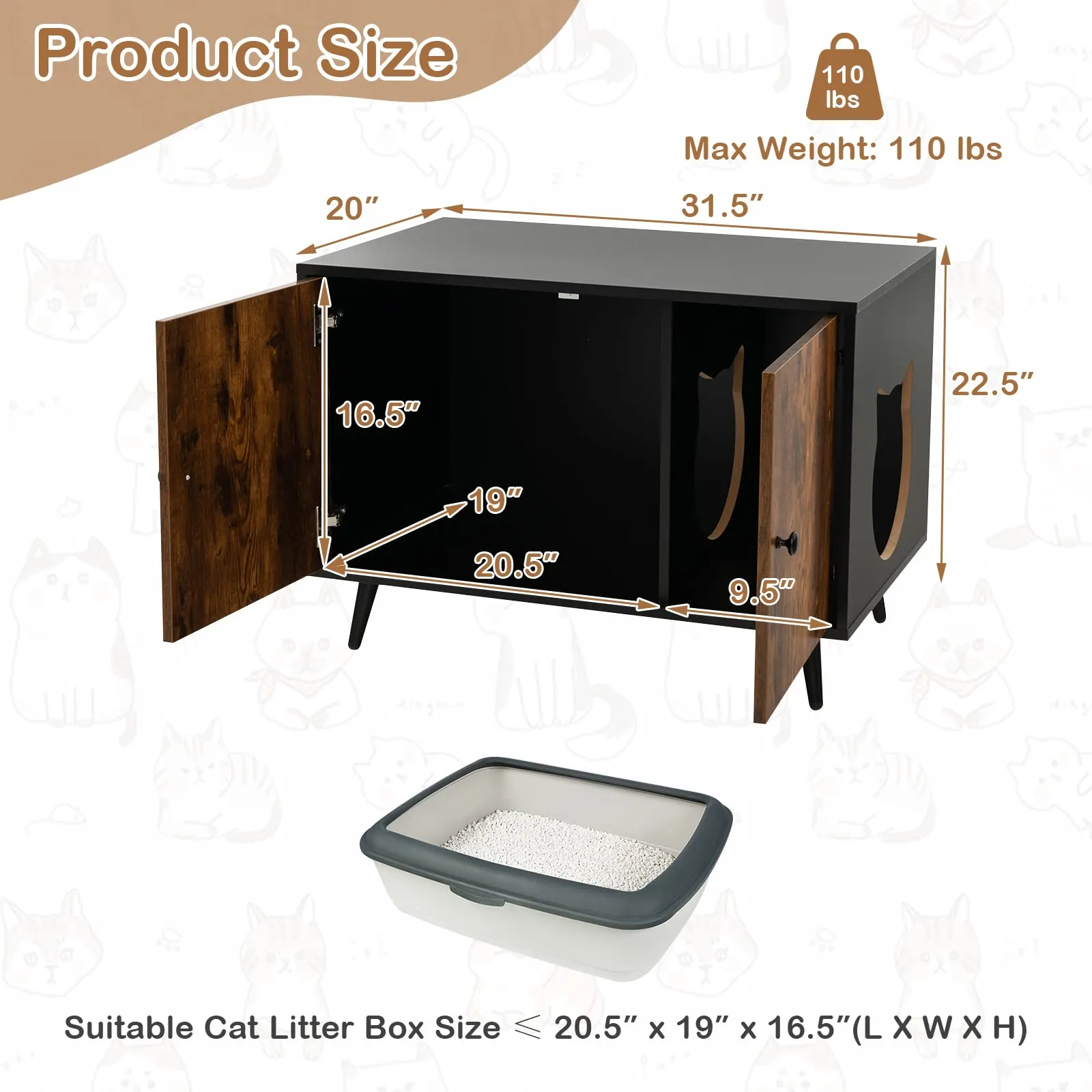 Tangkula Cat Litter Box Enclosure, Hidden Cat Washroom Cabinet with 2 Doors