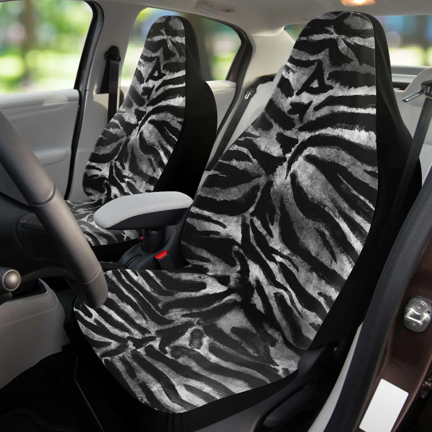 Tiger Car Seat Cover, Grey Tiger Stripe Bestselling Animal Print Best Car Accessories Pair of 2