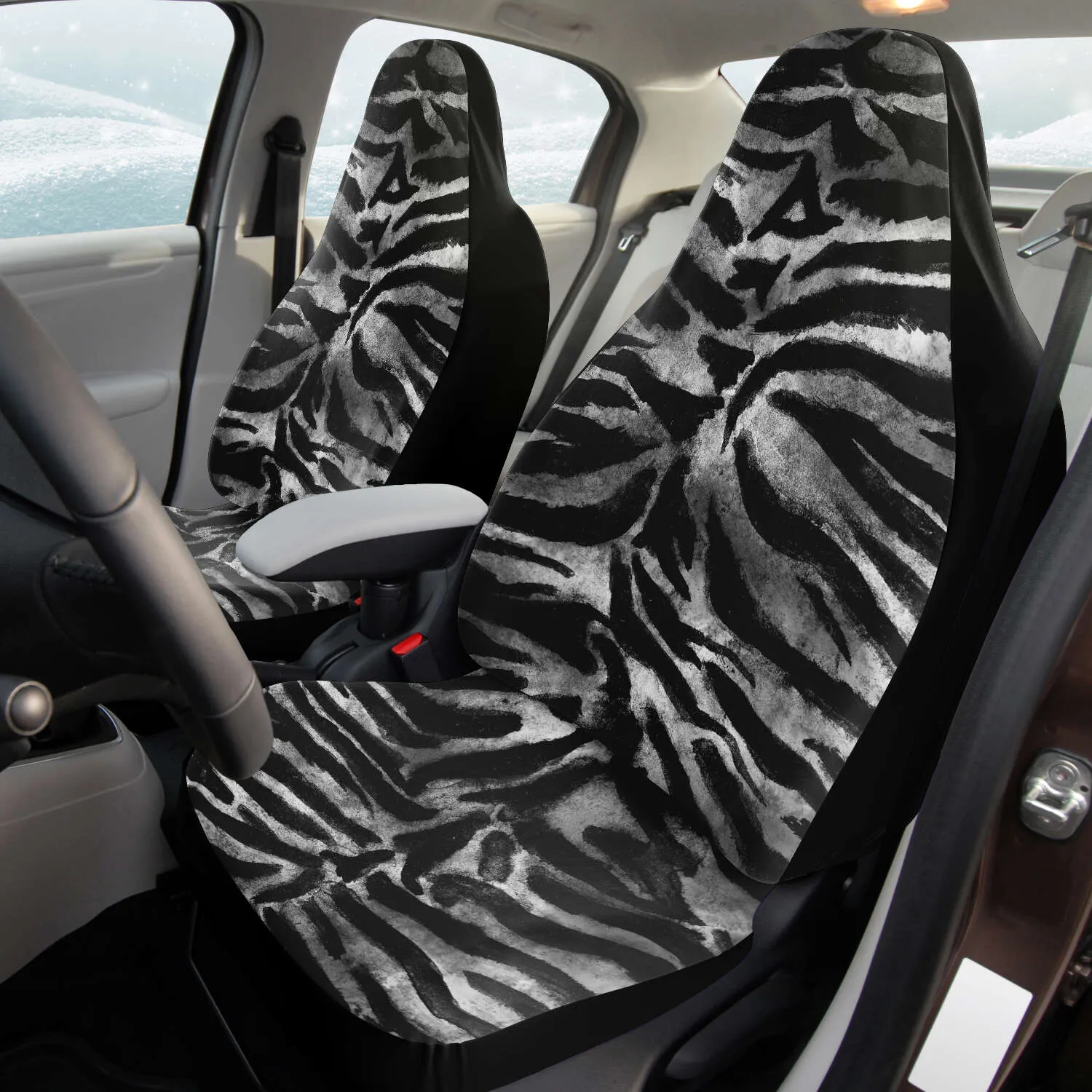 Tiger Car Seat Cover, Grey Tiger Stripe Bestselling Animal Print Best Car Accessories Pair of 2