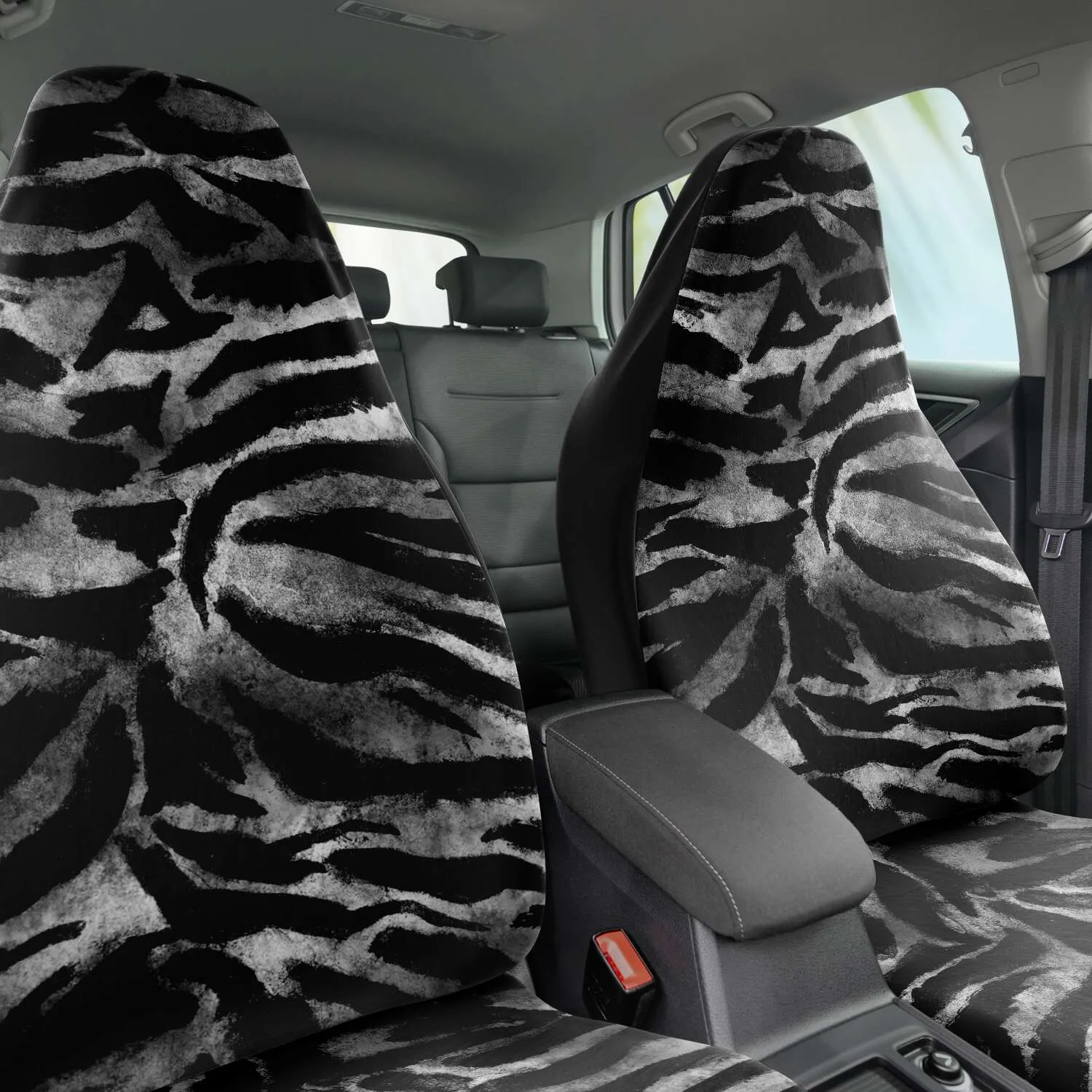 Tiger Car Seat Cover, Grey Tiger Stripe Bestselling Animal Print Best Car Accessories Pair of 2