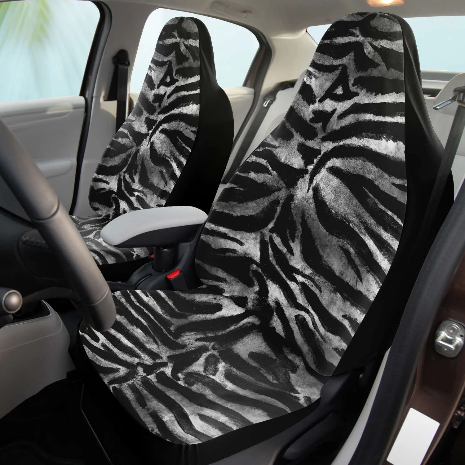 Tiger Car Seat Cover, Grey Tiger Stripe Bestselling Animal Print Best Car Accessories Pair of 2