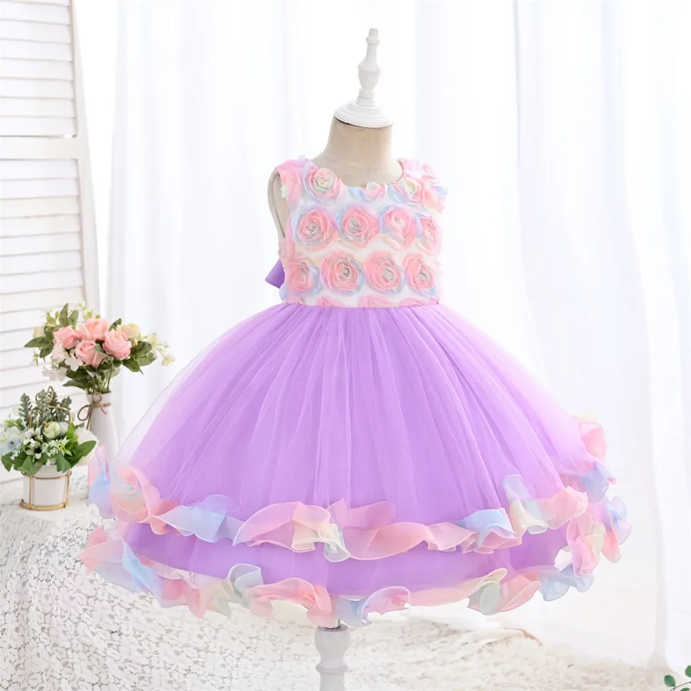 WG001 European Popular Children's Rainbow Rose Cake Tutu Skirt Festival Party Princess Evening Dress Wedding Mesh Flower Girl Dress