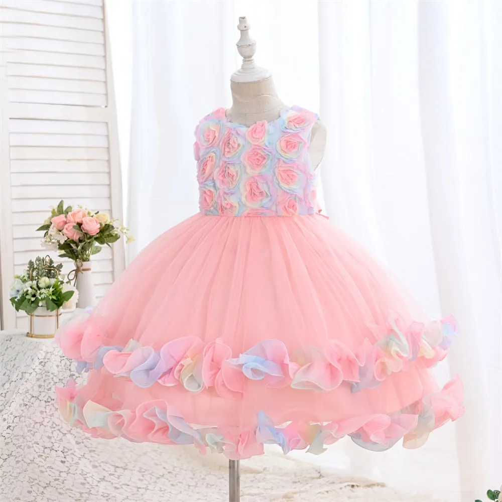 WG001 European Popular Children's Rainbow Rose Cake Tutu Skirt Festival Party Princess Evening Dress Wedding Mesh Flower Girl Dress