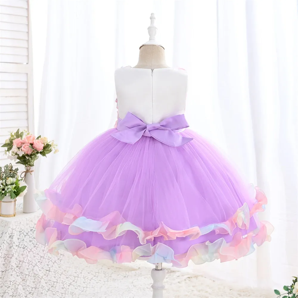 WG001 European Popular Children's Rainbow Rose Cake Tutu Skirt Festival Party Princess Evening Dress Wedding Mesh Flower Girl Dress